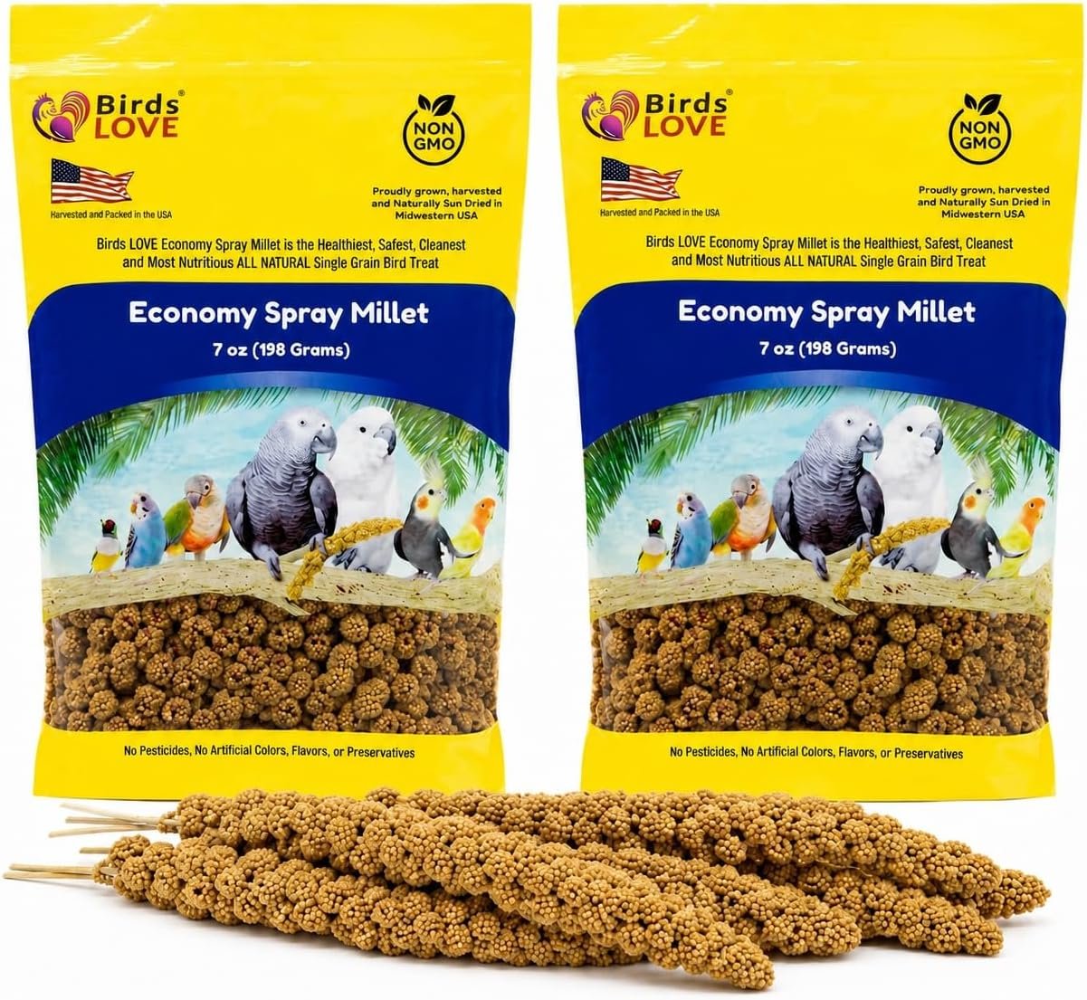 Birds LOVE® Economy Spray Millet for Birds, 7 oz, GMO-Free Natural Millet Spray Treat, Stem-Reduced Edible Tops, Grown in USA, for Parakeets, Cockatiels, Lovebirds, Finches, Canaries -Pack of 2