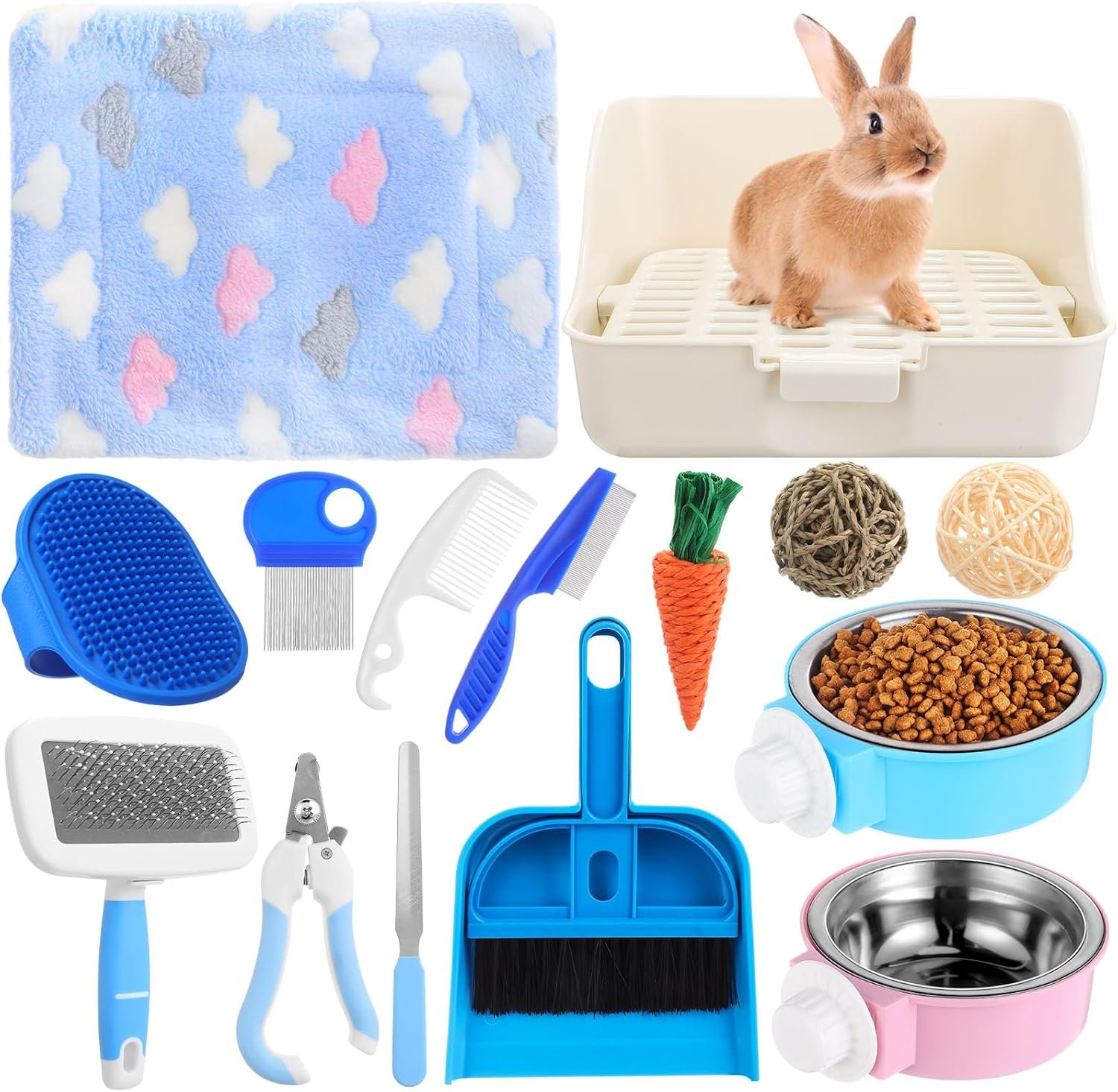 Reallnaive 15 Pcs Rabbit Starter Kit Small Rabbit Litter Box Girls Gift Animal Grooming Kit Bunny Toys Bowl Blankets with Cleaning Set for Guinea Pig Accessories(Multicolor)