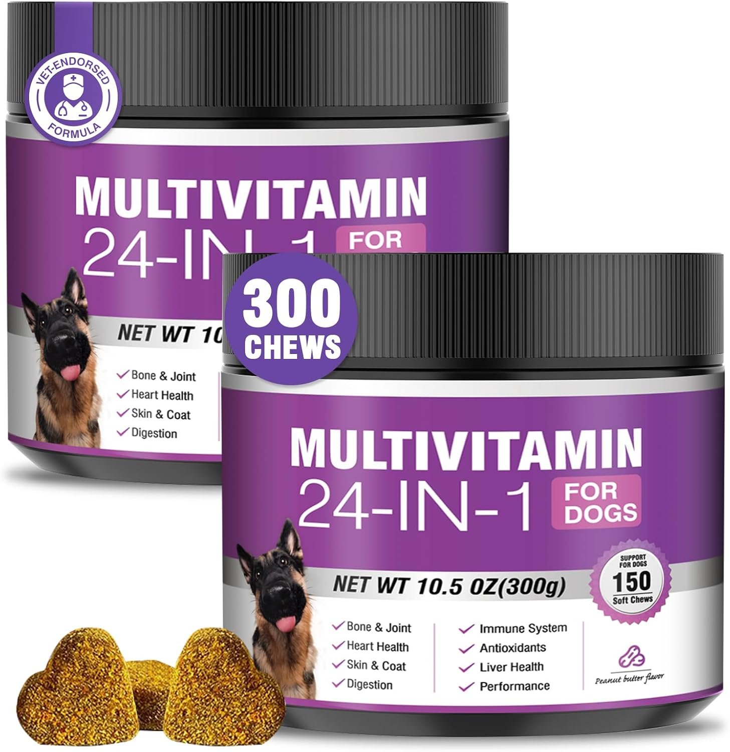 24-in-1 Dog Vitamins and Supplements 300 Ct Dogs Multivitamin Chewable Contain Chondroitin Probiotics Omega-3 Glucosamine for Dogs Skin Coat Heart Joint Gut Liver Brain Immune Support – Peanut Butter