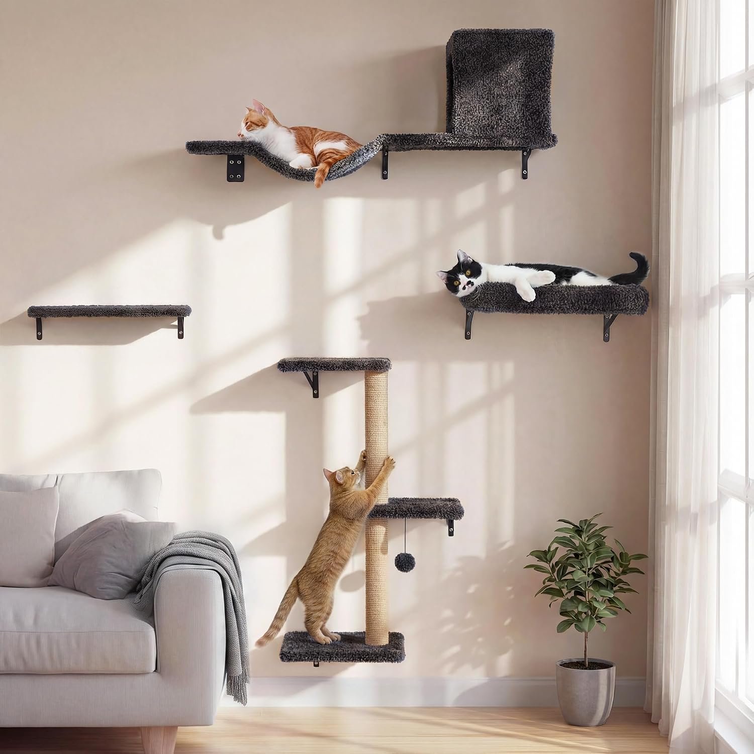 FUKUMARU Cat Wall Shelves, 4 in 1 Set, Grey | Stable & Safe Cat Walls Furniture, Wooden Kitten Climbing Wall with Scratching Post for 16 Inch Drywall