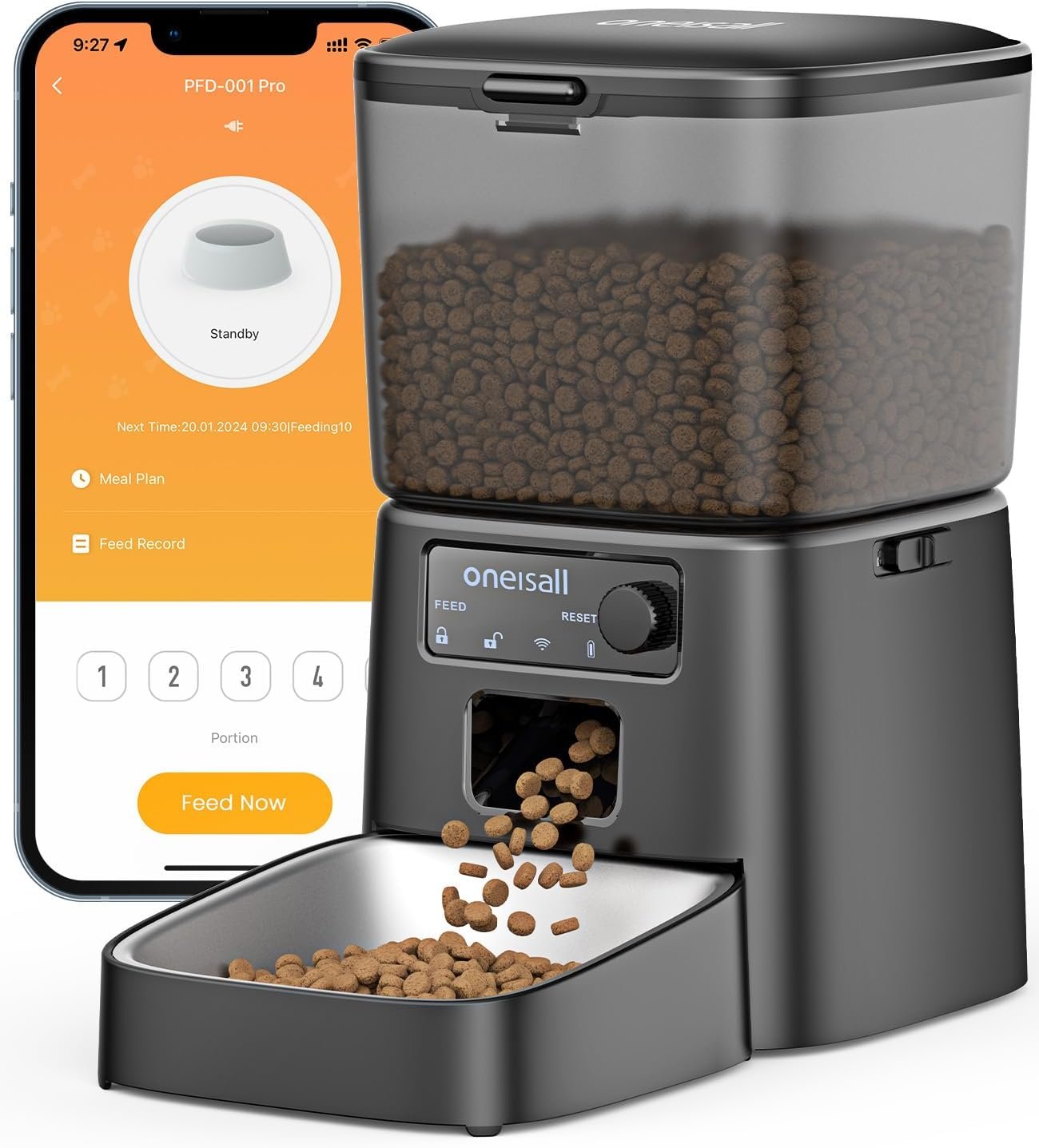 oneisall Automatic Cat Feeder, 2.4G WiFi Cat Food Dispenser with App, 12 Cups/3.5L Auto Cat Feeder for Dry Food, Timed Cat Feeder with Portion Control for Small Pets Indoor | Timed Meals, Feed Now, Feeding Logs, Slow Feed, Precise Portion, Dual Power Backup, Family Share, Stainless Steel Bowl