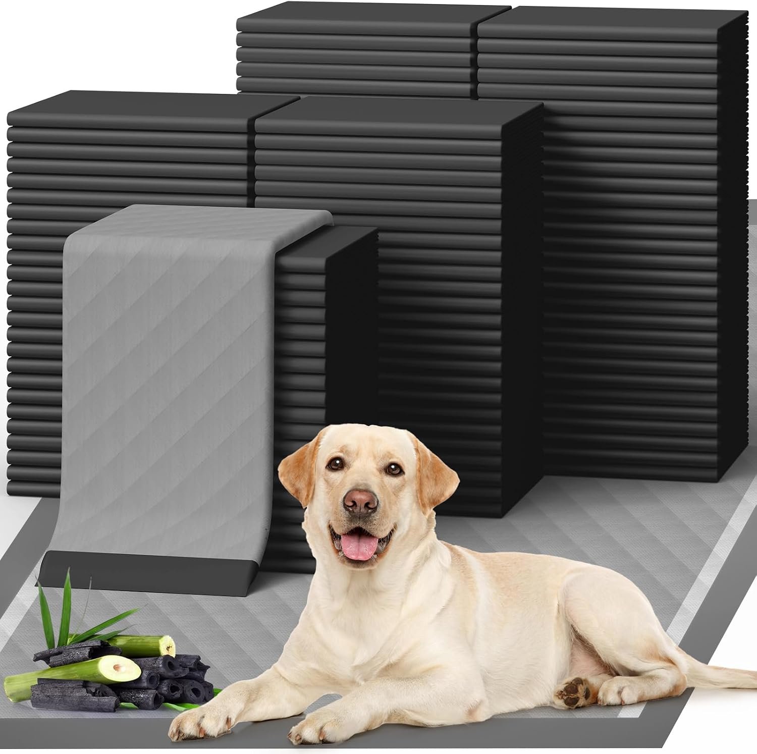 Powools Charcoal Puppy Pads for Dogs, 34 x 28 in, 6-Layer, 100-Pack | Ultra-Large Carbon Pee Pads, Ultra-Absorbent, Quick-Dry Black Training Pads for Dogs, Wee Wee Pads for Puppy Potty Training