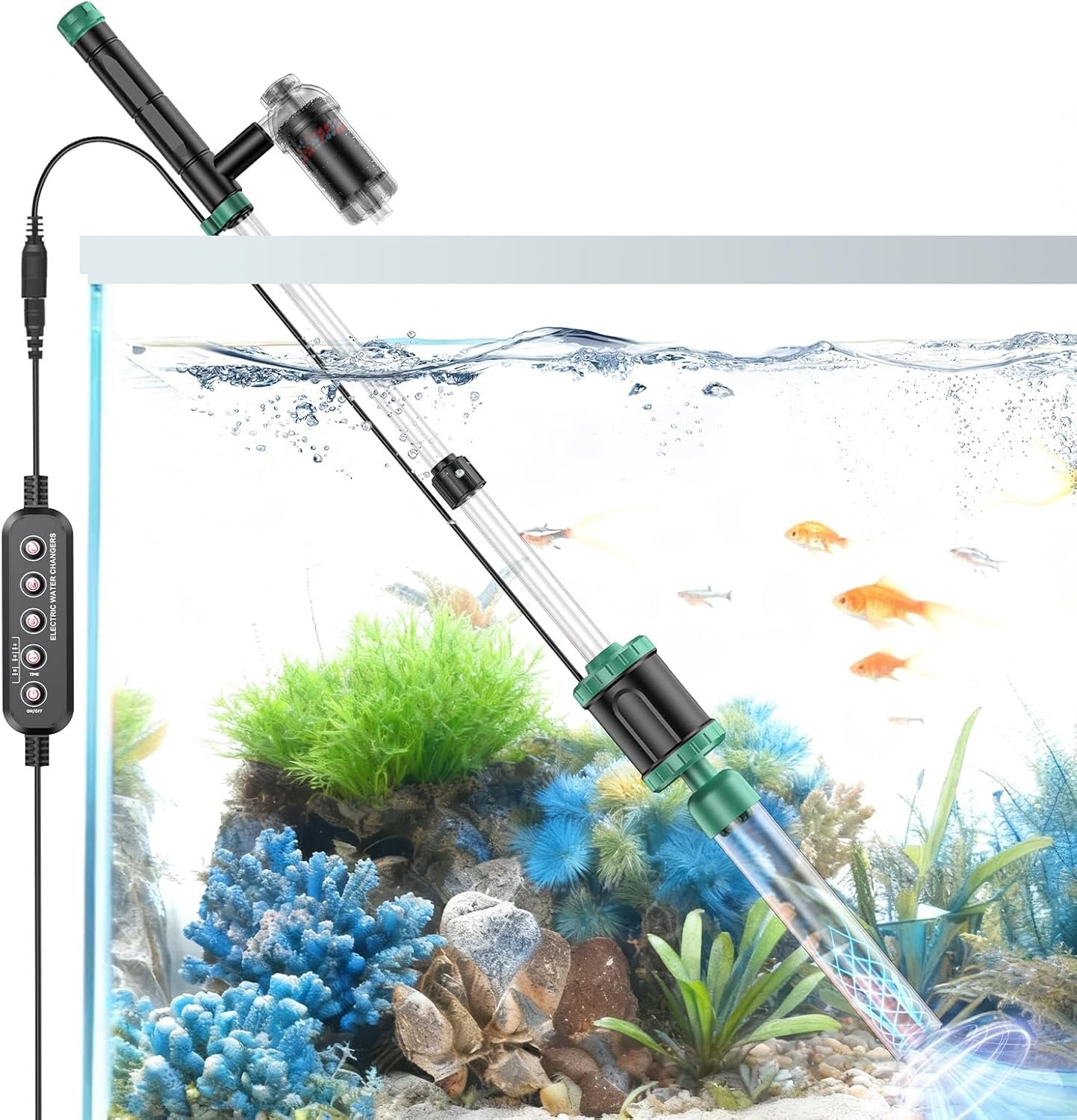 AKKEE Aquarium Vacuum Gravel Cleaner, 36W Electric Fish Tank Cleaner Vacuum, 8 in 1 Multifunctional Aquarium Cleaner for Automatic Water Change, Wash Sand, Water Circulation and Timed Off，Green