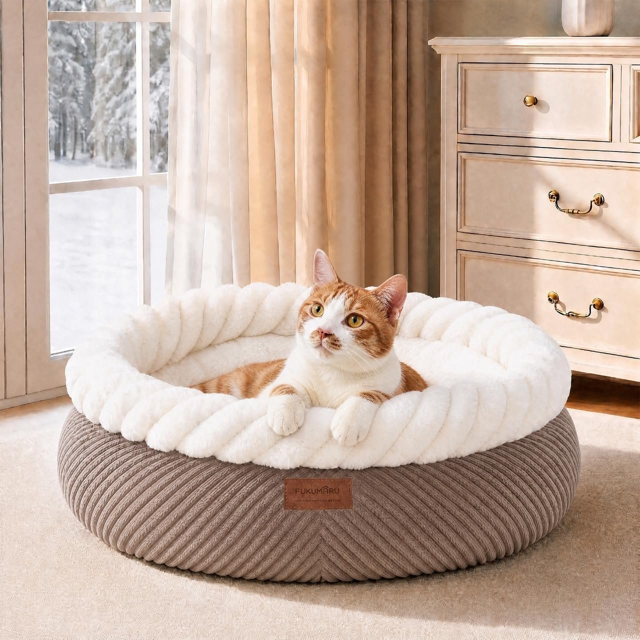FUKUMARU Cute Round Cat Bed, Calming Donut Small Dog Beds, Washable | Super Soft Corduroy Kitten Beds, Plush Cat Cave Bed for indoor Cats and Puppy with Anti-Slip Bottom