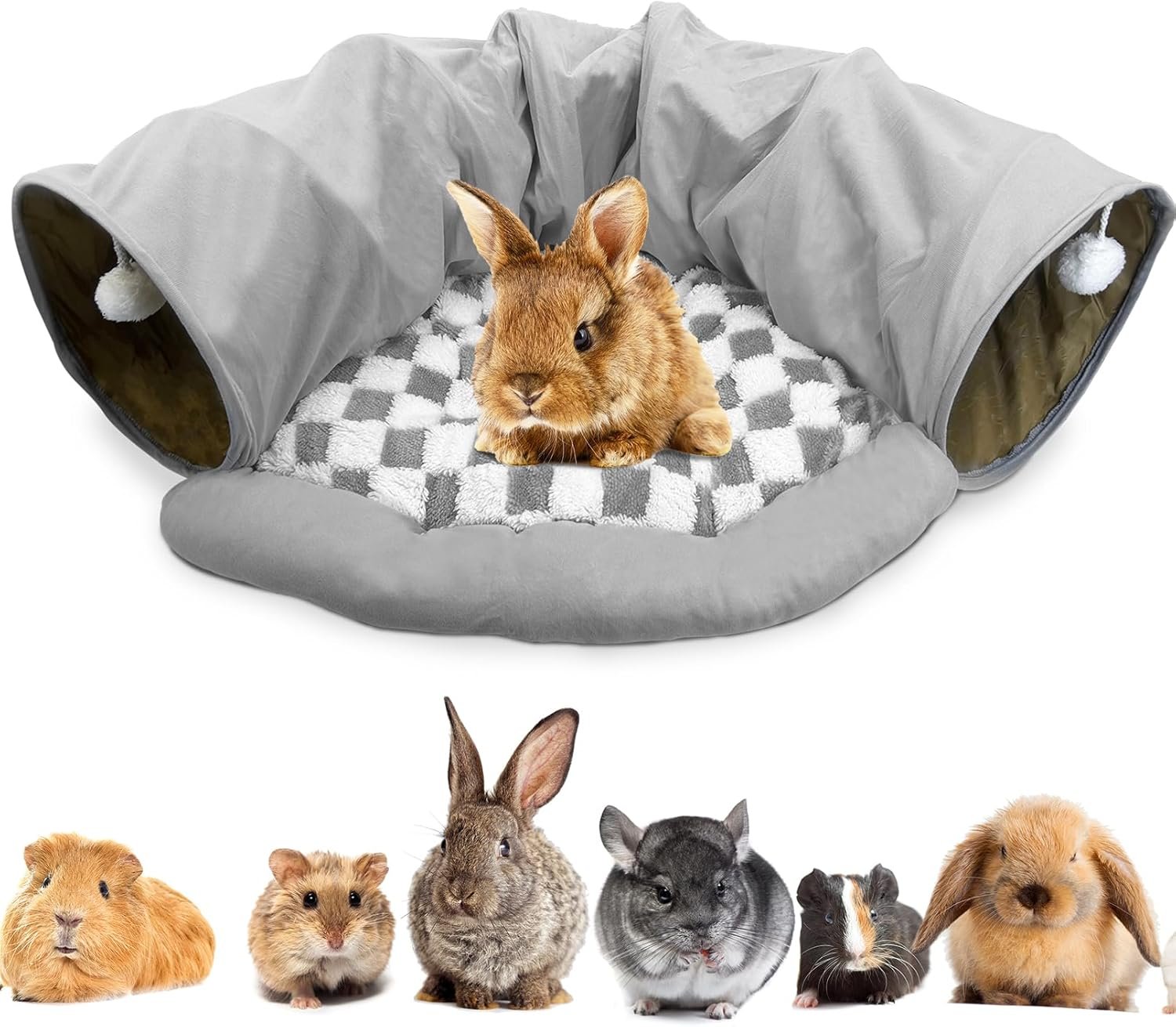 PINVNBY Bunny Tunnel Bed 2-in-1 Removable and Cozy Large Guinea Pig Hideout Tunnel Washable Small Animal Tunnels Tube Toys Guinea Pig Accessories for Rabbit Chinchilla Hedgehog Ferret (Gray)