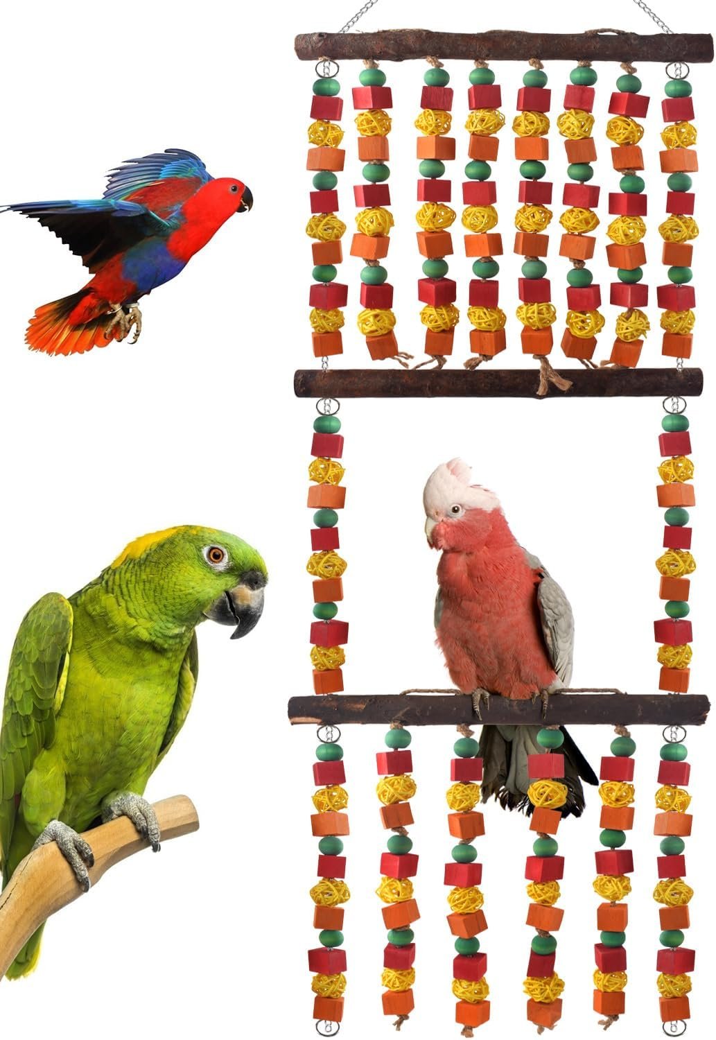 DBNESS 43″ Extra Large Parrot Toys, 3-in-1 Bird Chew Toy with Swing & Perch, Natural Wood Shredding Toy for Beak Care Bird Cage Accessories for Eclectus, African Greys, Amazon, Cockatoos
