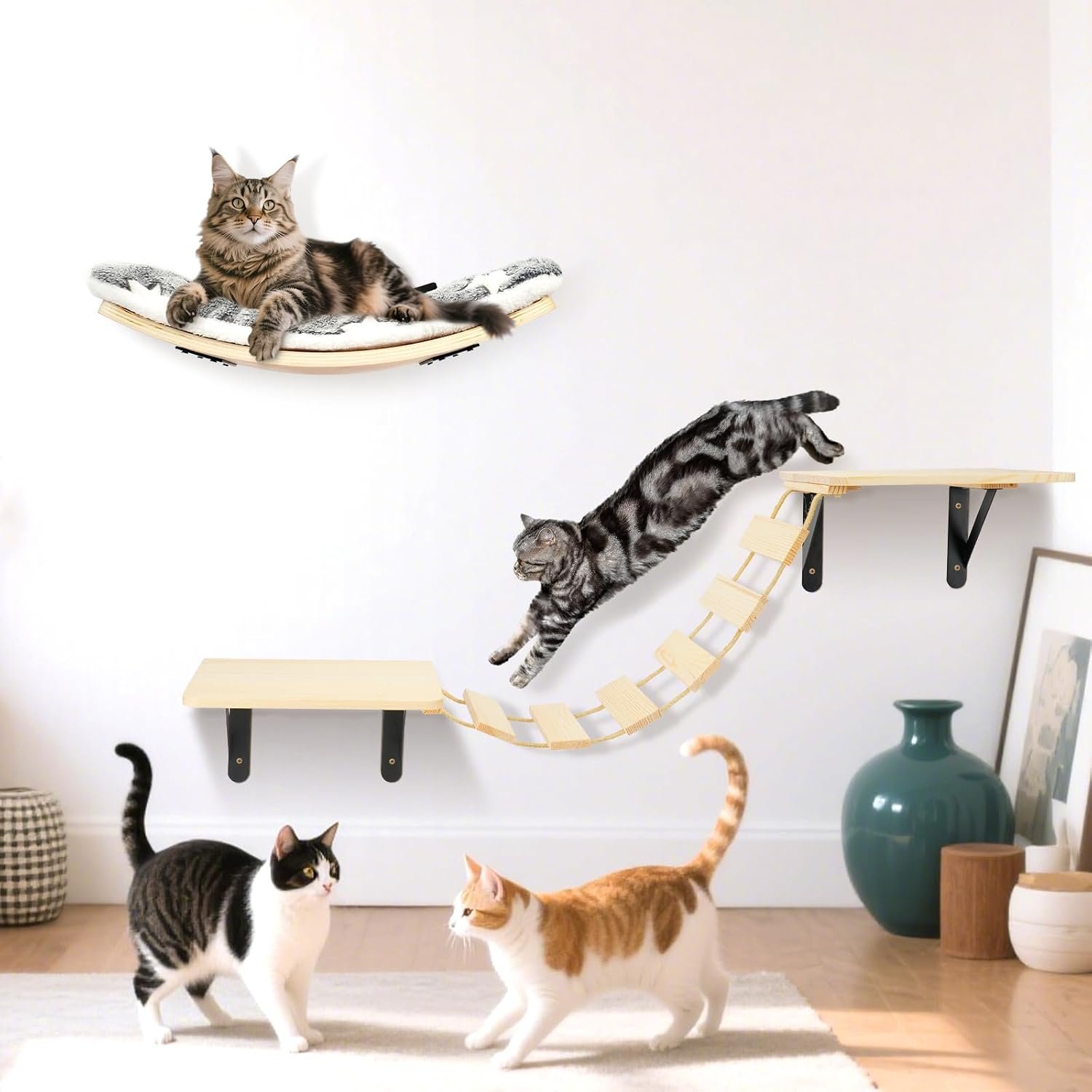 Cat Wall Shelves – Set of 4 Cat Wall Furniture, Curved Cats Shelves and Bridge Ladder & 2 Steps for for Sleeping, Playing, Climbing, and Lounging Modern Furniture for Cats