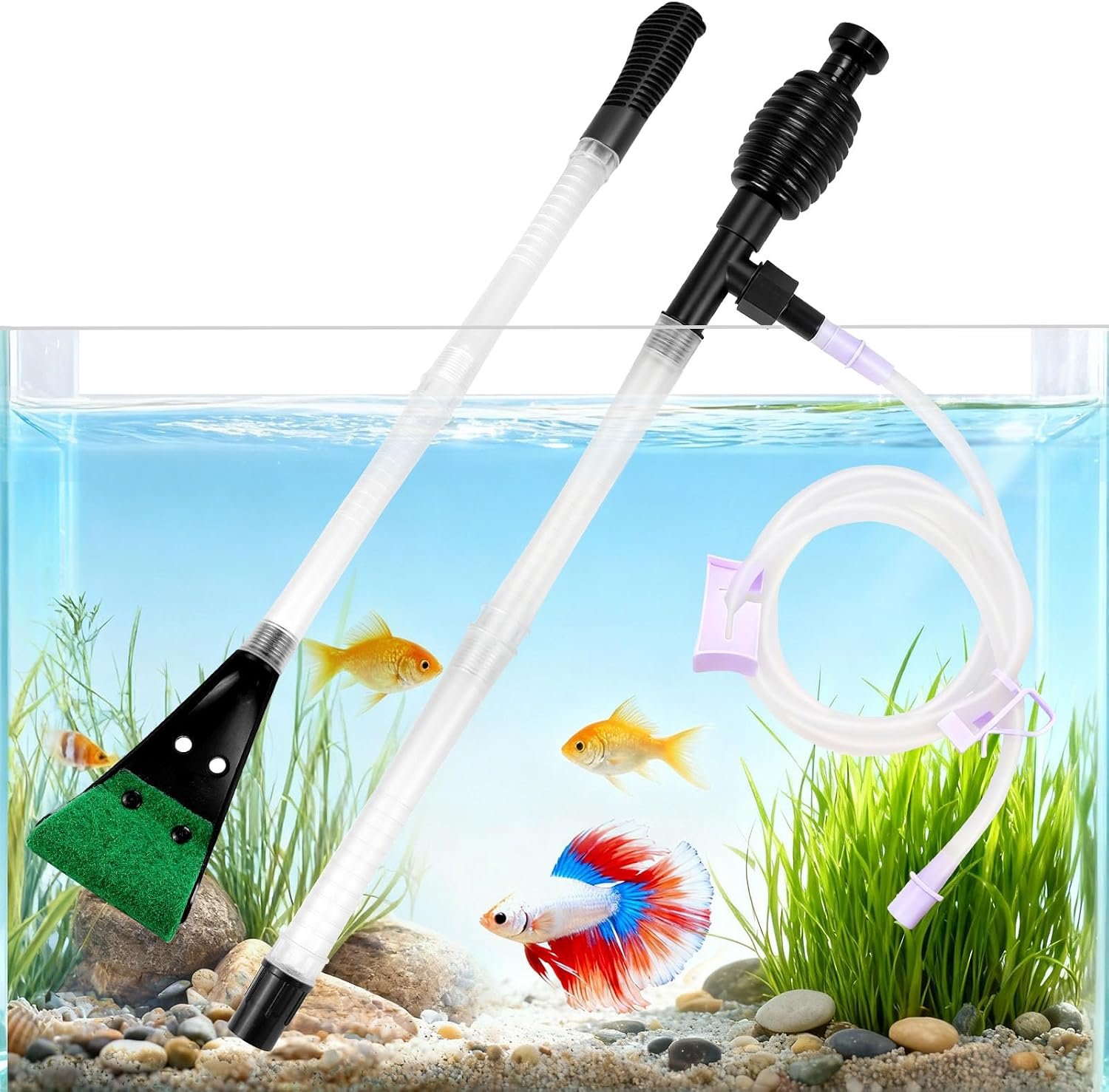 Fish Tank Cleaner Gravel Vacuum for Aquarium | Aquarium Siphon, Water Changer, Double Sided Sponge Brush Algae Scraper, Fish Tank Cleaning Kit, Gravel & Sand Cleaning