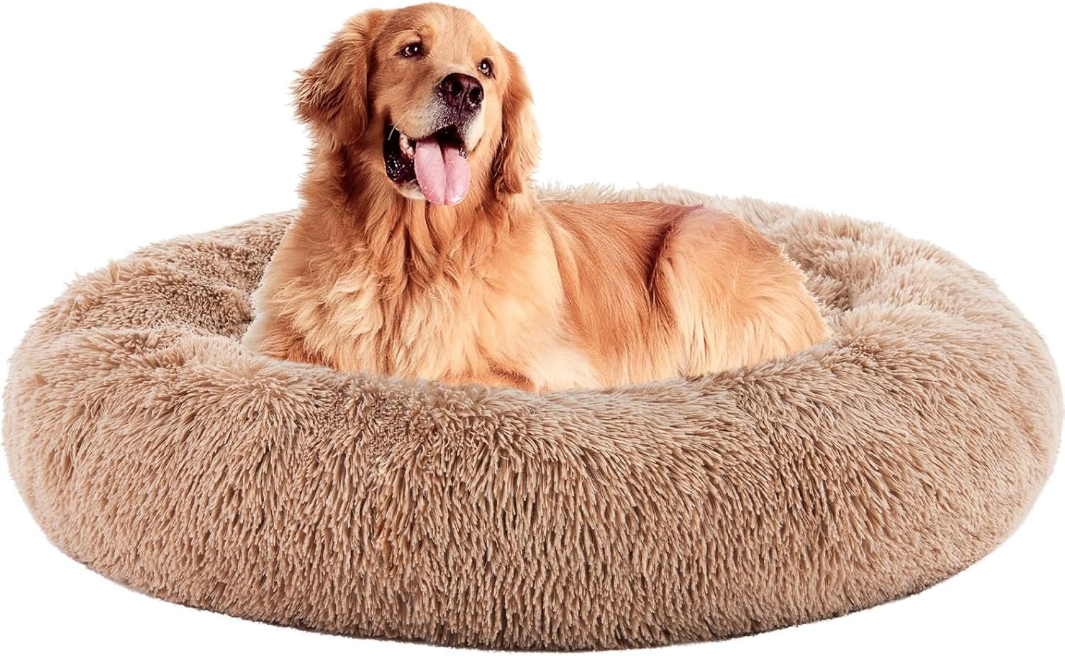 DUMOS 37.4×37.4 Inch Calming Donut Dog Beds for Large Dogs, Machine Washable Cuddler Warming Cozy Fluffy Faux Fur Plush Round Pet Bed, Anti-Slip Bed for Indoor Dogs and Cats, Brown
