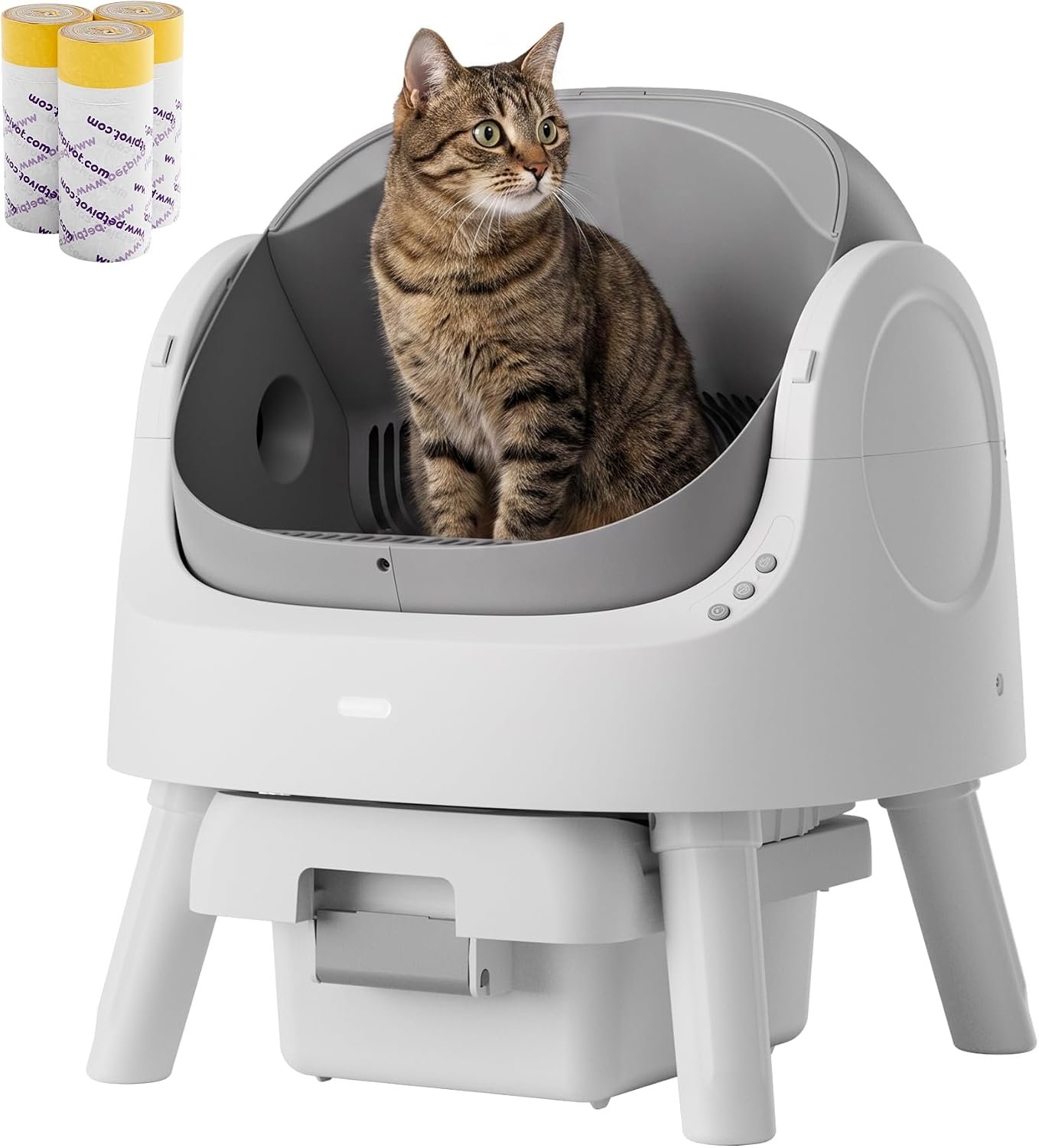 Self-Cleaning Automatic Litter Box, Open Top Design for Cats, 10L Large Waste Bin, Includes 3 Rolls of Garbage Bags, Quiet Cleaning, App-Free Operation, Grey