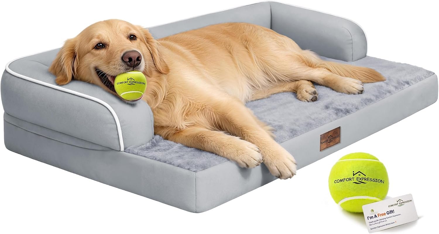 Comfort Expression Orthopedic XL Dog Bed for Large and Extra Large Dogs | Pillow Support for Neck Relief, Egg Crate Foam, Waterproof Liner, Non-Slip Bottom, Removable Bolster Cover, 42 x 30 Inch