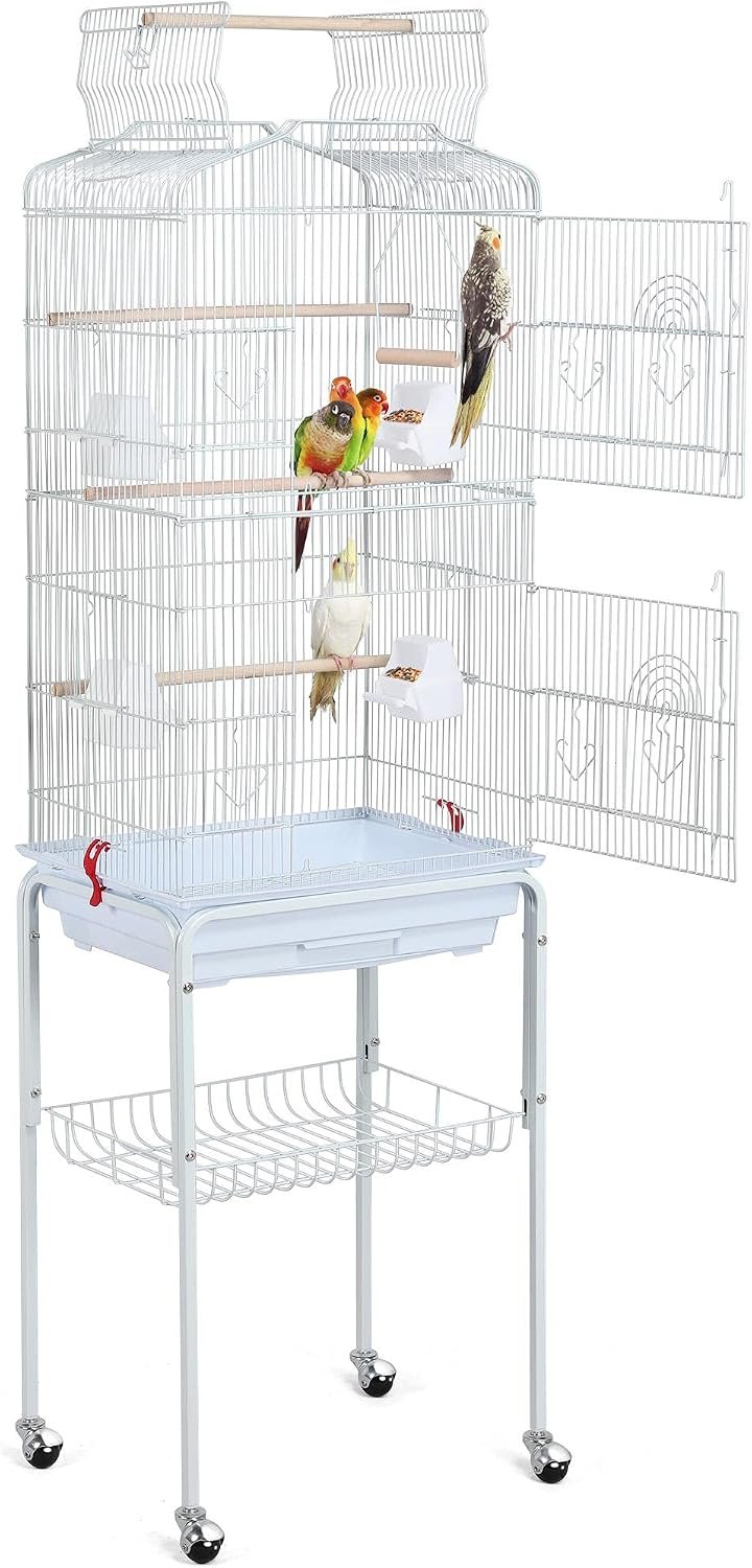 Yaheetech 64” Open Top Bird Cage for Parakeets, Lovebirds, Finches | Detachable Rolling Stand, Easy Cleaning Slide-out Tray, Feeder Doors, 1 Swing, 4 Perches, 4 Feeders, Indoor Outdoor Use