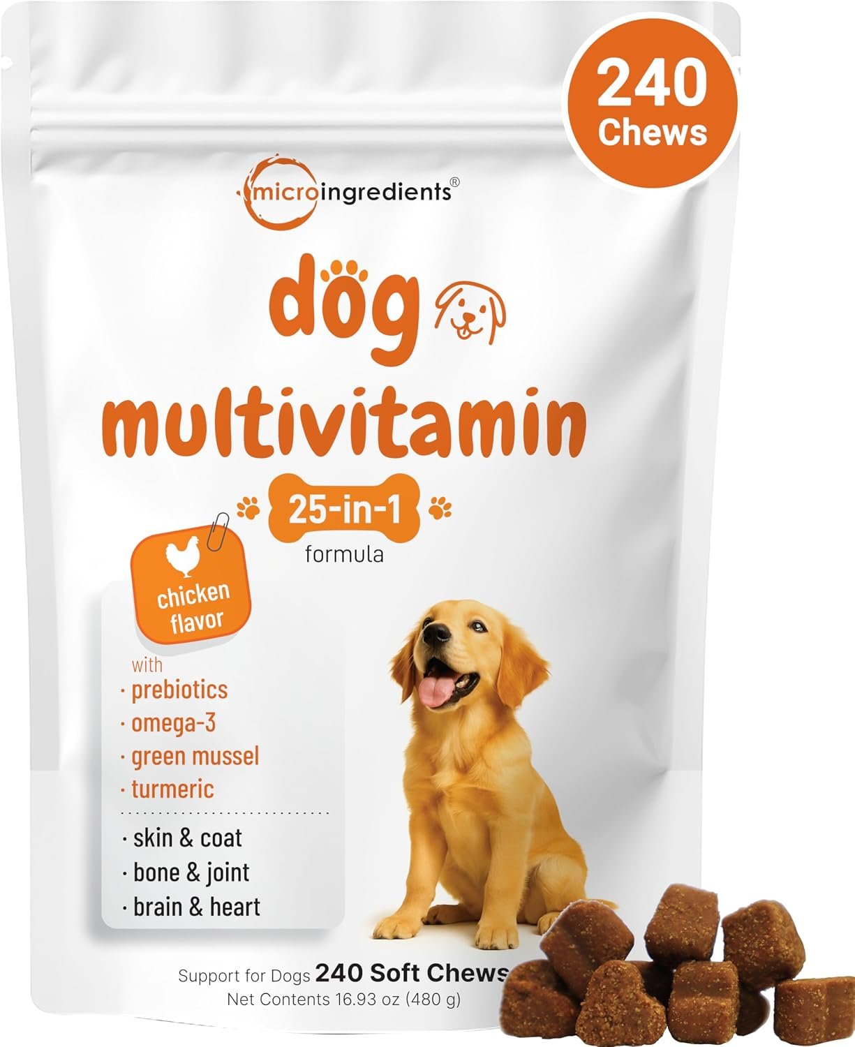 Micro Ingredients 25-in-1 Dog Multivitamin, 240 Soft Chews | Daily Essential Dog Vitamins and Supplements for Immune, Skin, Coat, Joints & Digestion Health* | Non-GMO, Chicken-Flavored