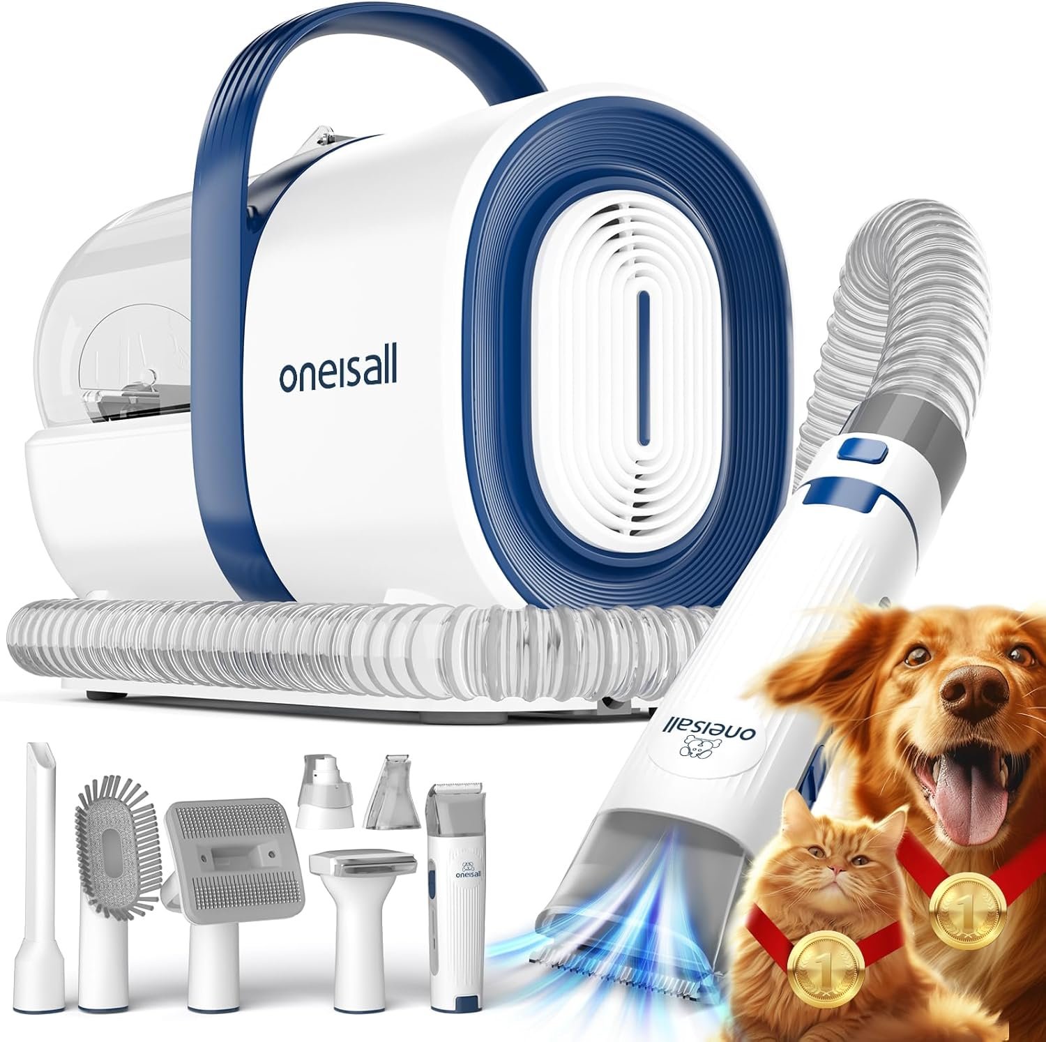 oneisall Dog Grooming Vacuum, Pet Grooming Vacuum with Clipper Nail Grinder, 1.5L Dust Cup Dog deshedding Brush with 7 Tools for Shedding Pet Hair, Home Cleaning(Blue) | 11kPa Strong Suction, 59dB Low Noise,Clipper & Nail Grinder Included, 7-in-1 Grooming Kit, Deshedding Brush, 1.5L Dust Cup
