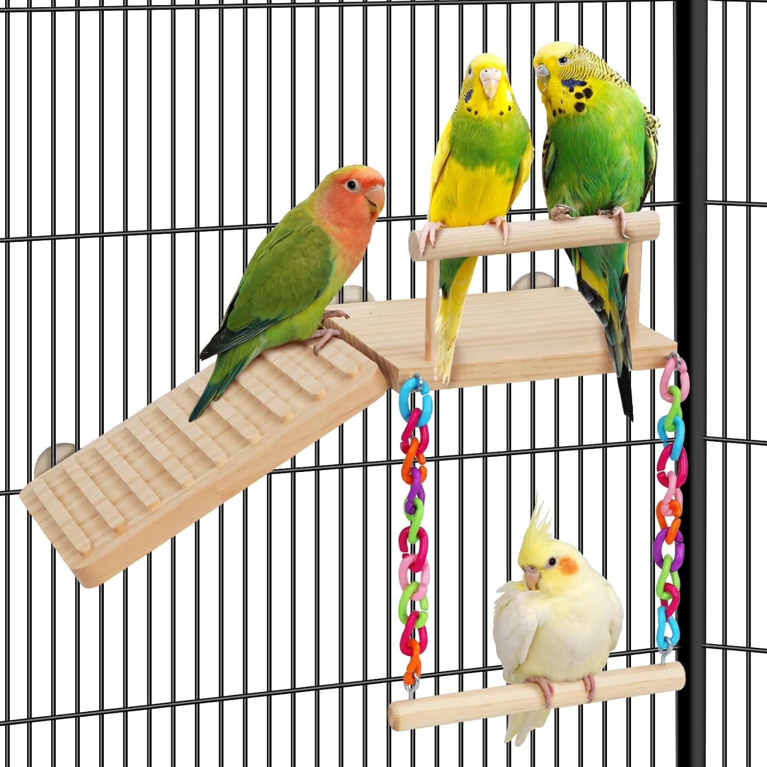 Bird Perches Platform Swing with Climbing Ladder Birds Toys Cage Accessories for Cockatiels, Lovebirds, Pacific Parrotlets,Chinchilla, Hamster Play Gym Exercise Stand