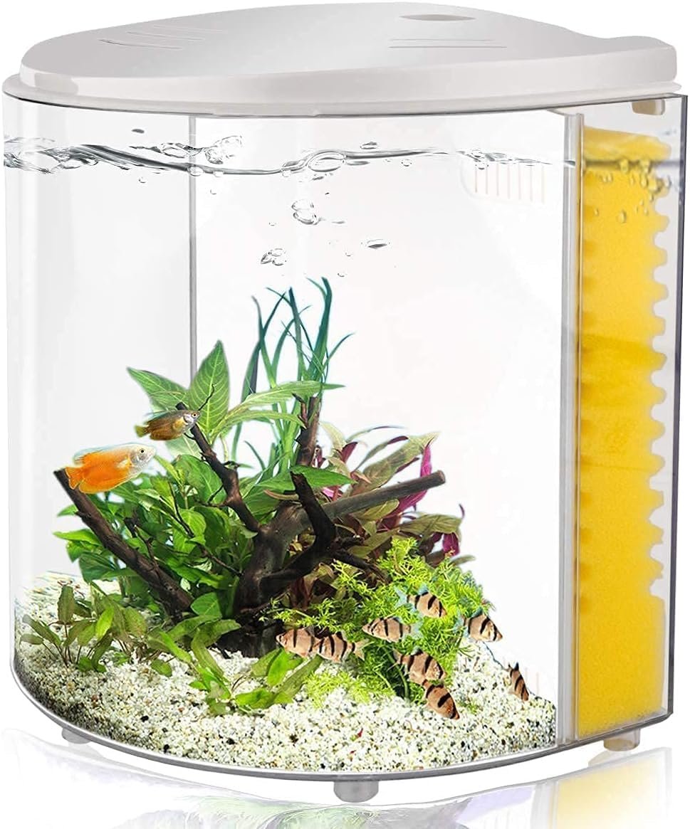 FREESEA Small Betta Fish Tank: 1.2 Gallon Fish Tank with Filter and Light | Small Tank for Jellyfish, Goldfish, Aquarium Starter Kit for Home, Office, Room, Decorative Desktop(White)