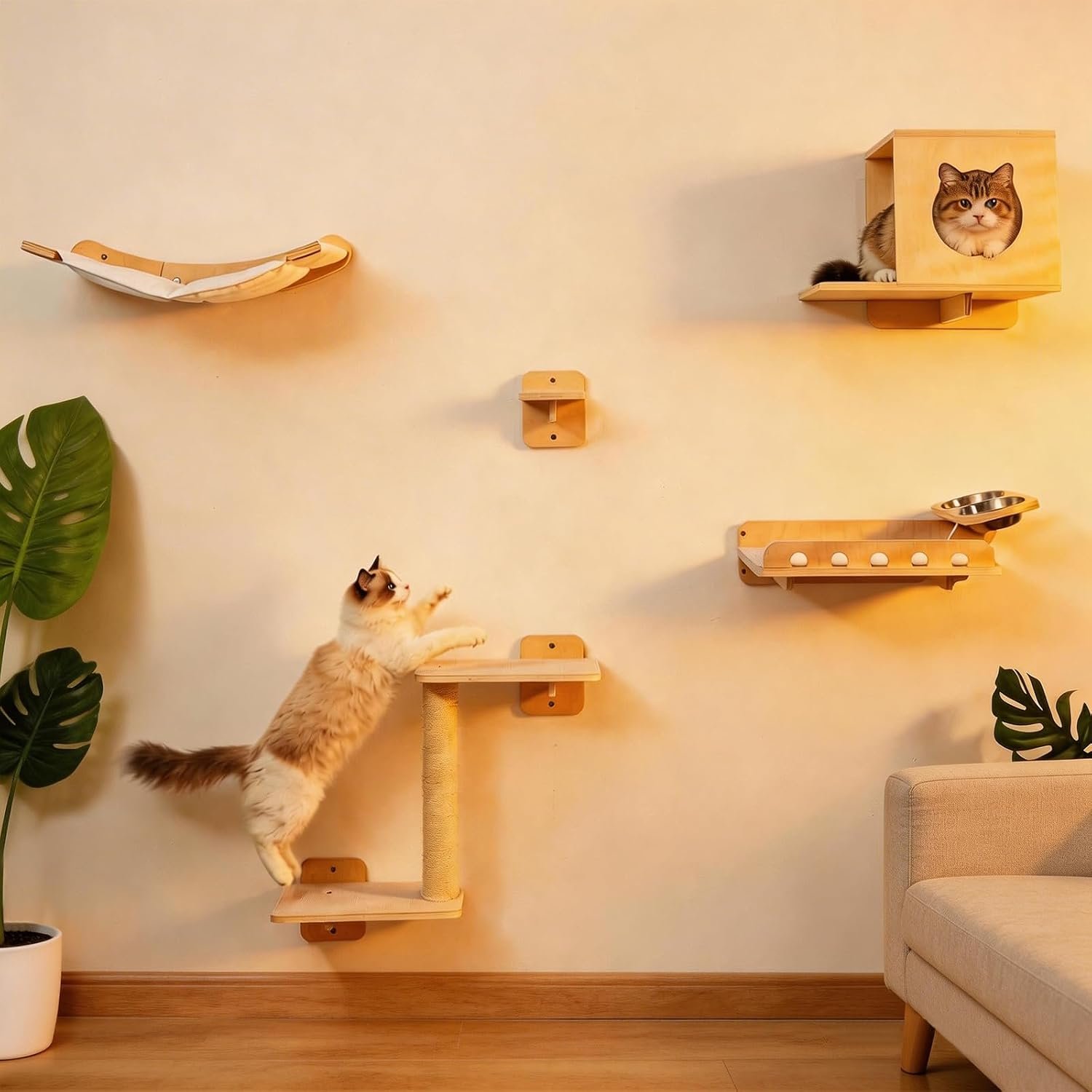 8-in-1 Cat Wall Shelves for Large Cats, Wall Mounted Cat Furniture with Feeding Station&Extra Wide Hammock, Heavy Duty Cat Climber for Indoor Cats to Sleep Play & Eat, 44lbs Capacity, Wood