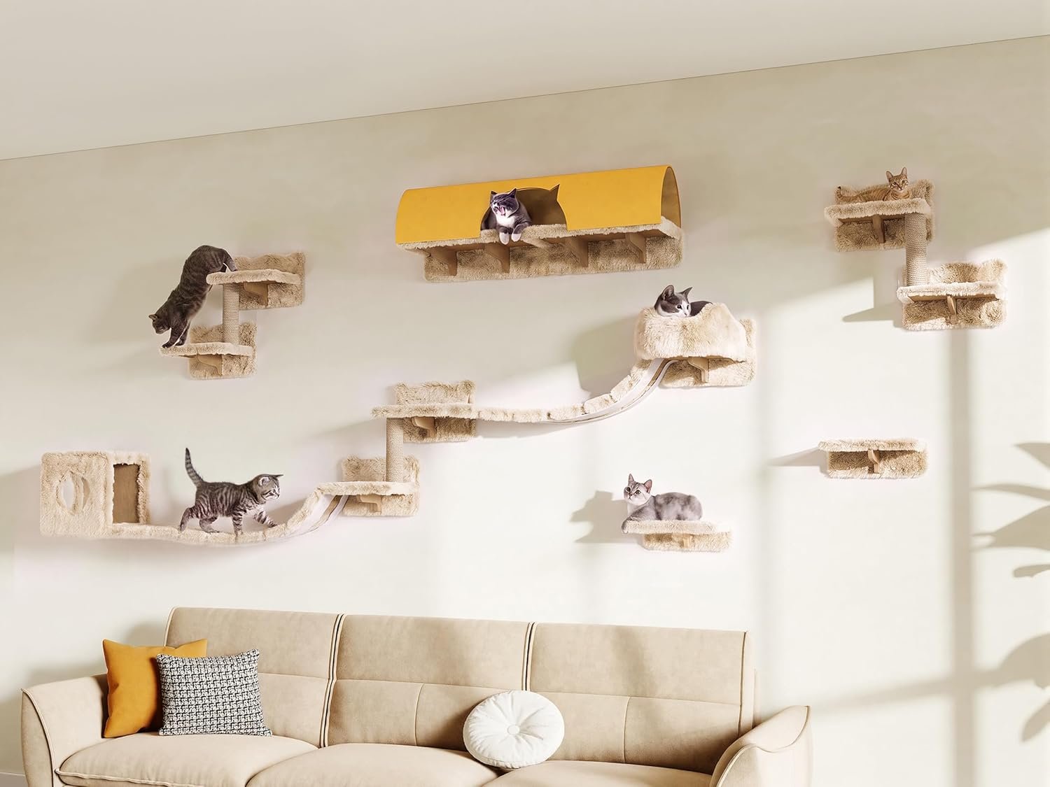 16-in-1 Cat Wall Shelves, Cat Furniture w/Tunnel & Bridge, Beige | Wall Mounted Cats Shelf Set with Plush Fabric, Cat Climbing Wall Systems for 16 Inch Drywall, with Scratching Posts, Condos
