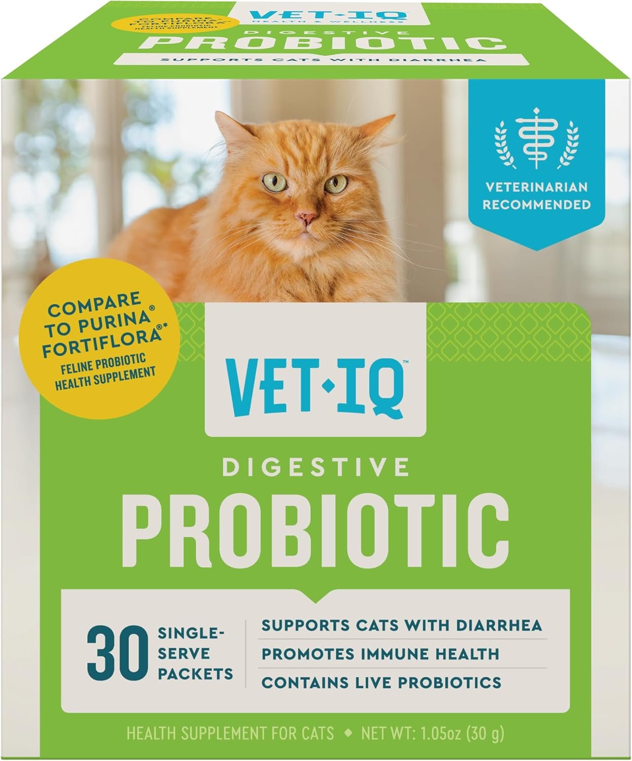 VetIQ Cat Probiotic Powder, Treats Diarrhea and Food Sensitivity, Chicken Flavored Single-Serve Packets for Indoor/Outdoor Use, 30 Count | Eases diarrhea & supports digestive health; single-serve chicken liver powder; ideal for indoor cats; daily gut support