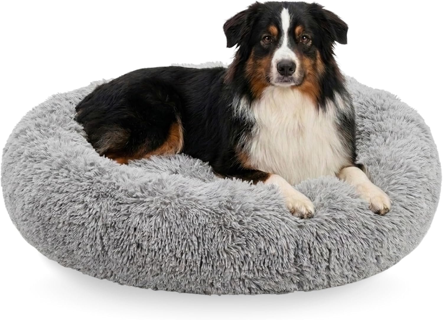 Premium Large Donut Dog Bed, Fits Up to 100 lbs, Machine Washable Cushion, Plush Long Pile Faux Fur Fabric, Portable Light Gray Pet Bed Furniture for Puppies Adult Canines & Cats