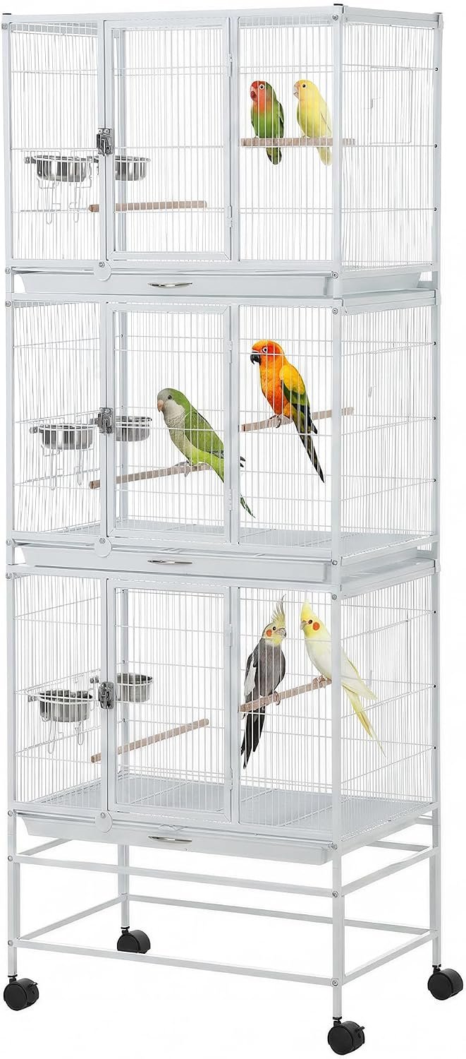 74 Inch Large Bird Cage, Large Flight Aviary with 3 Dividable Compartments for Parakeets Cockatiels Conures Finches, Heavy Duty Breeder Cage with Slide Out Trays for Multi Bird Homes, White