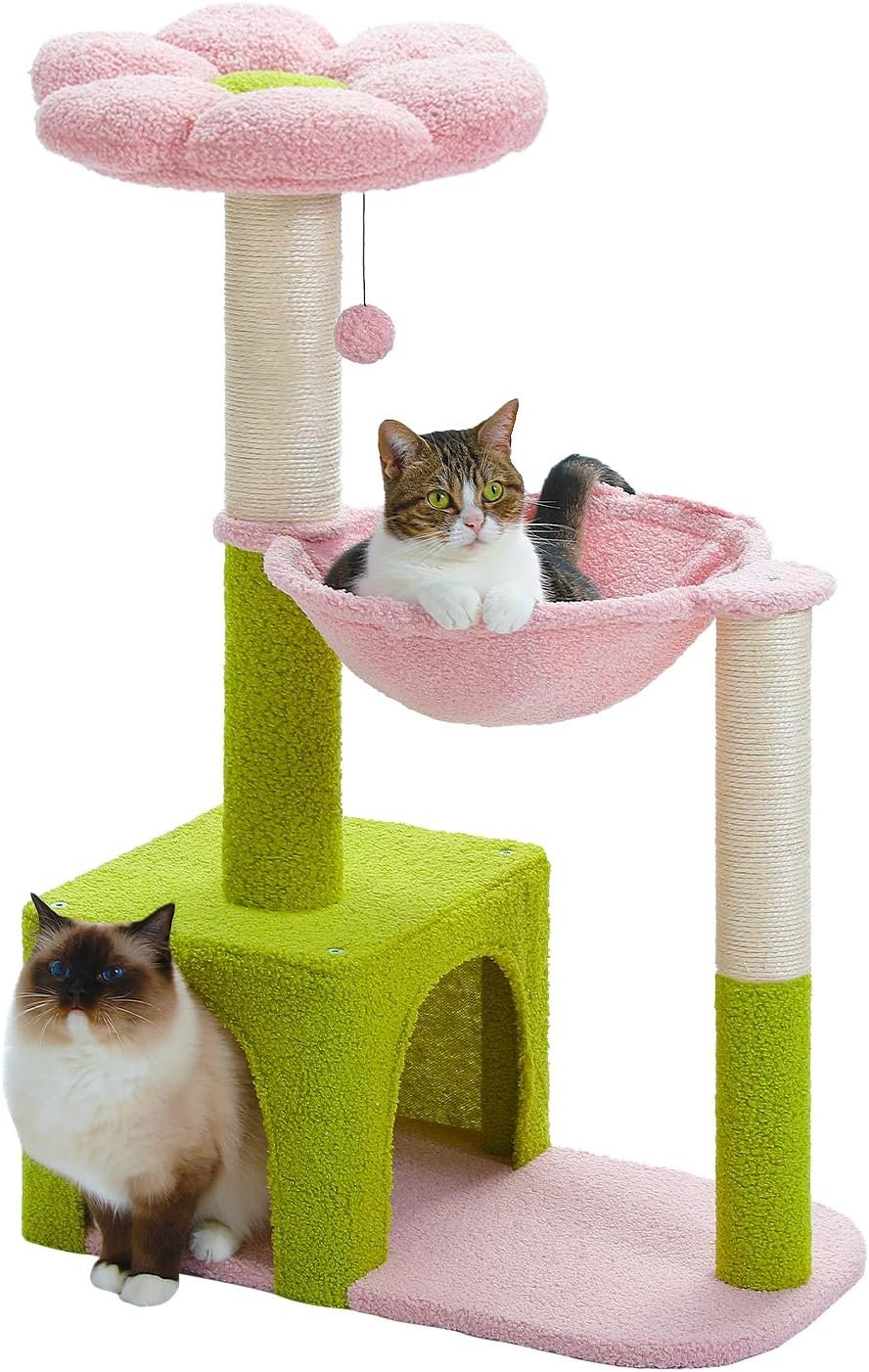 Flower Cat Tree with Large Metal Frame Hammock, 35″ Cute Cat Tower with Sisal Scratching Posts for Small Indoor Cats, Cat Condo with Pink Top Perch for Kittens, Pink | Flower-shaped top perch, Metal frame hammock, Sisal scratching posts, Cozy pink condo, Sturdy stable base, For small cats