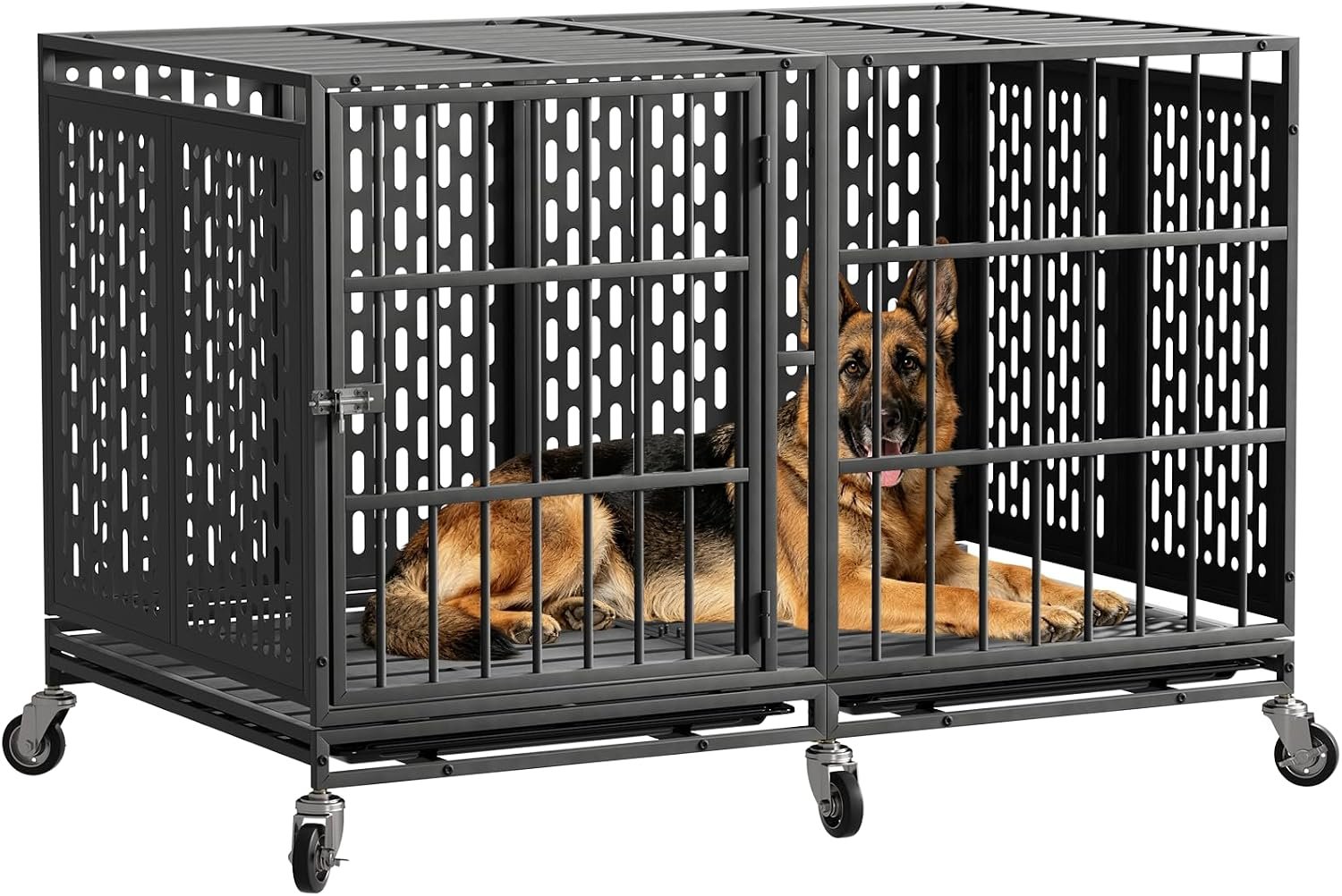 Snuowu 48 Inch Heavy Duty Dog Crate with Wheels, Metal Big Dog Cage for Large and Medium Dogs, Extra Large XL XXL Indestructible Dog Crate with Removable Tray.