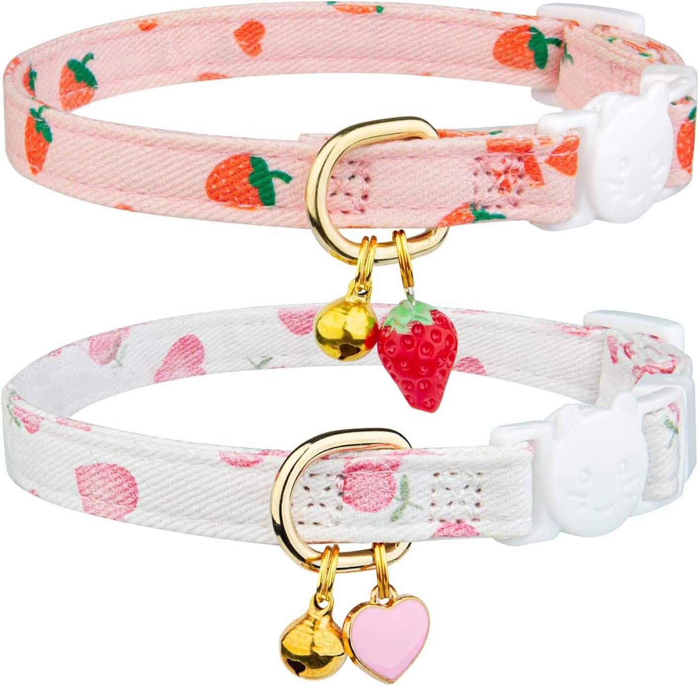 2 Pack Cotton Cat Collar Pink Strawberrie White Heart Cute Kitten Collar | Breakaway Breathable Soft material With cute pendants with Bell
