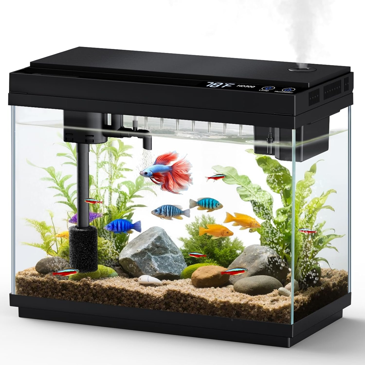 fishkeeper 2.3Gal Smart Glass Fish Tank with LED Light Timer, Self-Cleaning | 4-In-1 Crystal Clear Glass Aquarium with 8 RGB Colors , Water Pump, Bio-filtration, Spray Bar, LCD Display, for Desktop Decor