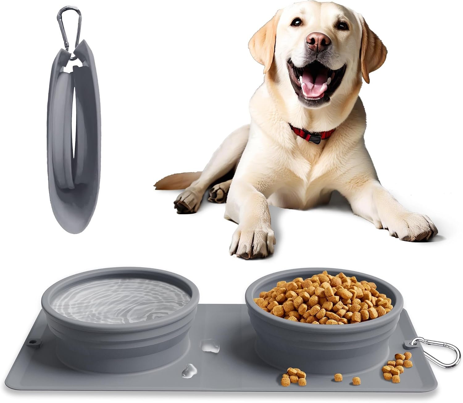 Collapsible Portable 2-in-1 Dog Bowl, Travel Dog Bowl Integrated, Silicone Foldable Expandable Food Water Bowl with Carabiner – Anti-Spill and Anti-Skid – for Camping/Traveling LPFLASAT (Grey)