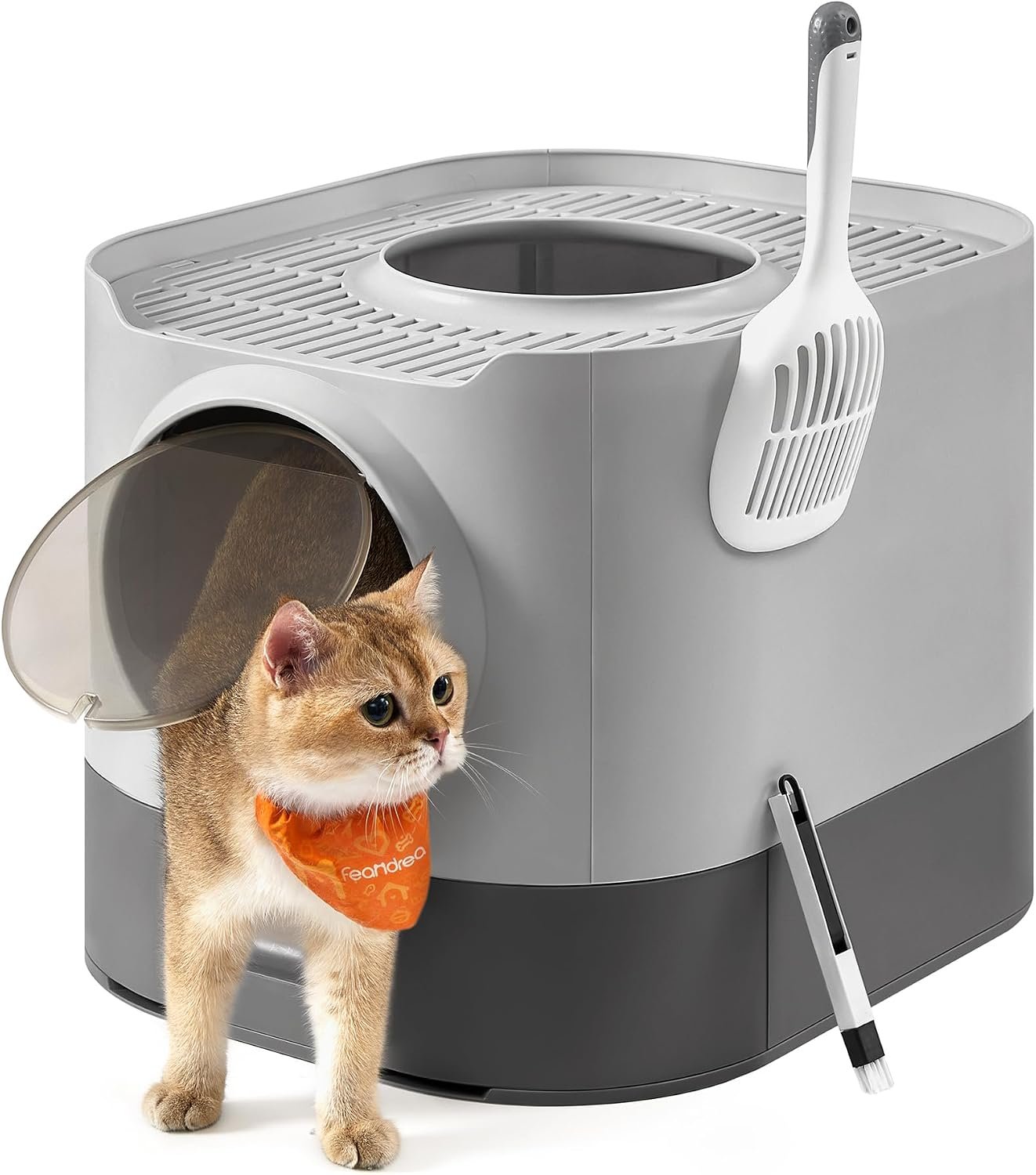 Feandrea Cat Litter Box with Lid, XL Enclosed Litter Box with Slide-Out Tray, Scoop, Brush, Anti-Tracking, for Cats of Different Sizes, Dove Gray and Slat Gray UPPT002B01 | Brush, for Large Cat, Anti-Tracking, Anti-Leaking, Slate Gray, BOXAL Collection UPPT002B01