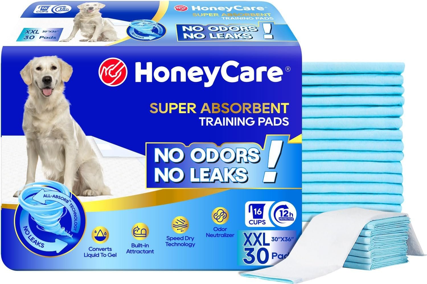 HONEY CARE All-Absorb, XXL 30″x36″, 30 Count, Dog and Puppy Training Pads, Ultra Absorbent and Odor Eliminating, Leak-Proof 5-Layer Potty Training Pads with Quick-Dry Surface, Blue, A39