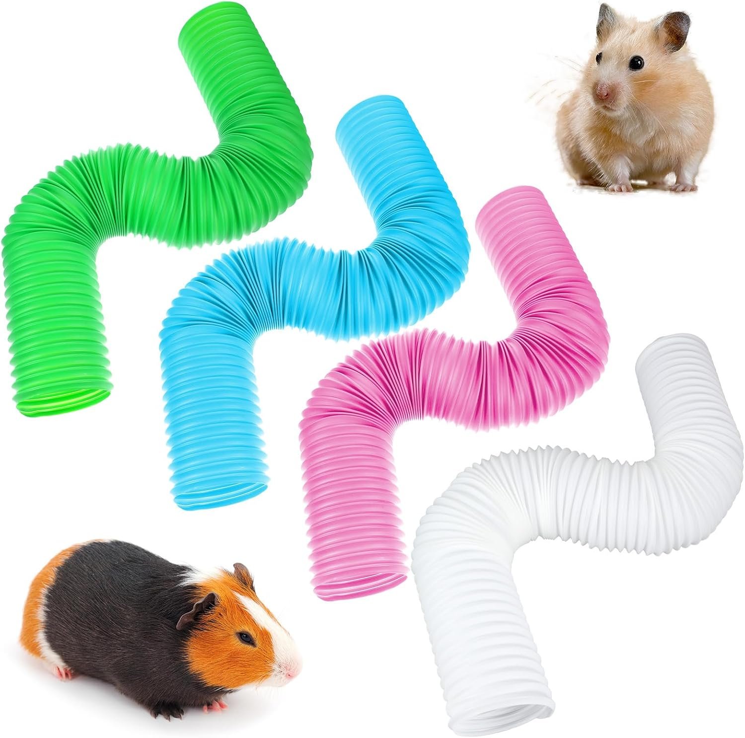 4 Pack Hamster Tunnels, Foldable Plastic Tube Toy & Hideout for Hamsters, Mice, Rats, Ferrets, Guinea Pigs, and Other Small Animals (Blue, Green, Pink, White)