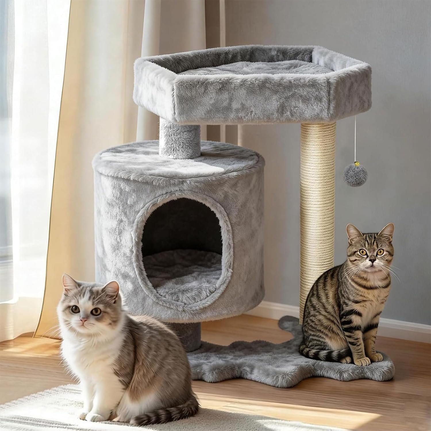 BEWISHOME Cat Tree with Scratching Post, Cat Tower for Indoor Cats | Cat Trees with Cat Bed for Adult Cat or kitten, Cat Condo and Cat Toy Balls Playful, Gray MMJ97G