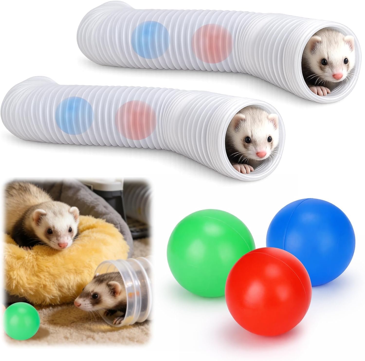 Mity rain 2PCS Ferret Toys with 6 Balls Inclueded | Collapsible Tunnel Tube Accessories for Ferrets, Guinea Pigs, Hamsters, Expandable Interactive Toys Supplies for Small Pets