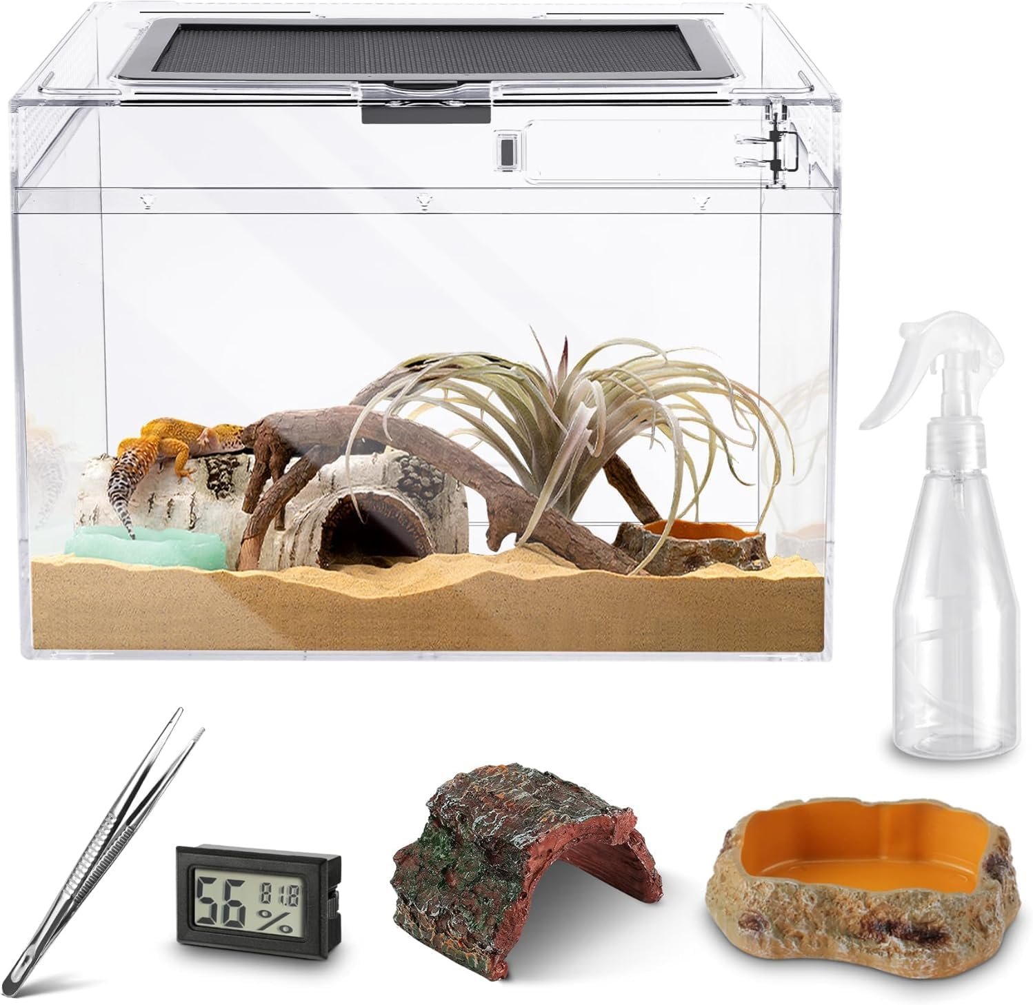 HELIME Reptile Tank 5 Piece Starter Kit with Escape Proof Locking Lid Small | All in One Hermit Crab Terrarium,PC Tarantula Enclosure Frog Habitat,Stackable Cage with Hygrometer,Hide,Tweezer,Bowl,Sprayer