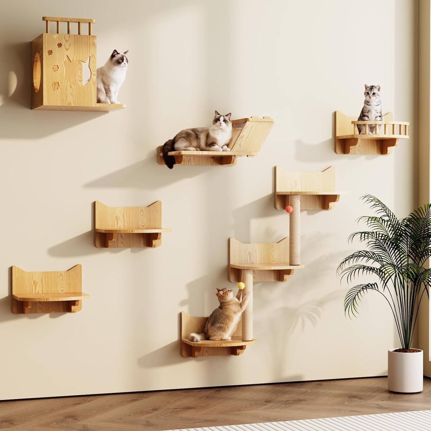 Solid Wood Cat Wall Furniture for Large Cats, 10-Piece Wall Mounted Cat Shelves with Cat House, Scratching Posts, Feeding Station and Climbing Steps, Cat Wall Shelf System for Indoor Cats