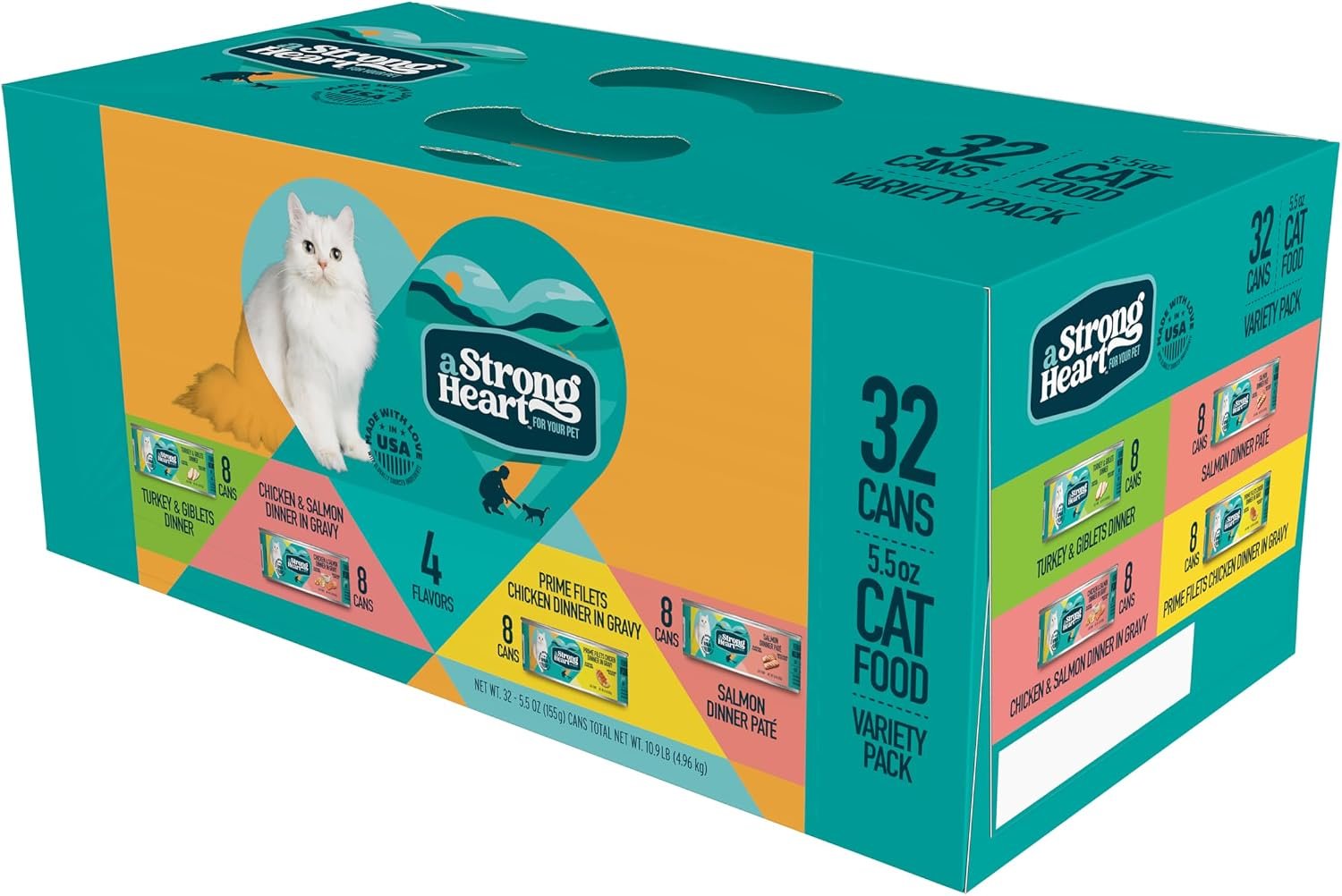 A Strong Heart Canned Wet Cat Food, Dinner Variety Pack – 5.5 oz Cans (Pack of 32), Made in The USA with Real Chicken, Turkey & Salmon