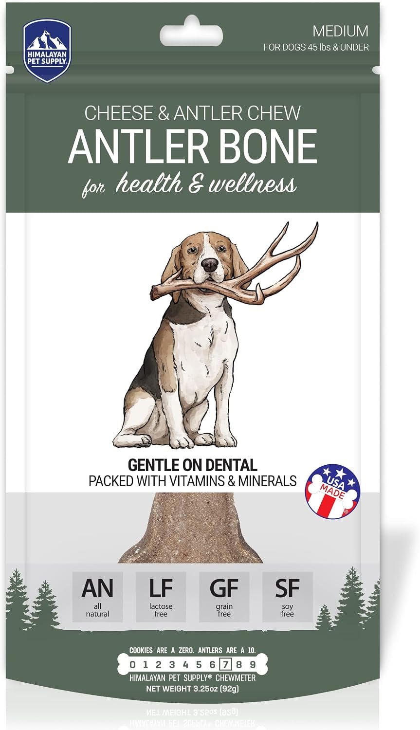 Himalayan Dog Chew, Antler & Cheese Dog Bone, 1 Bone for Health & Wellness | Long Lasting, Stain Free, Protein Rich, Low Odor, All Natural, Healthy & Safe, No Gluten or Grains, For Dogs 45 Lbs & Smaller