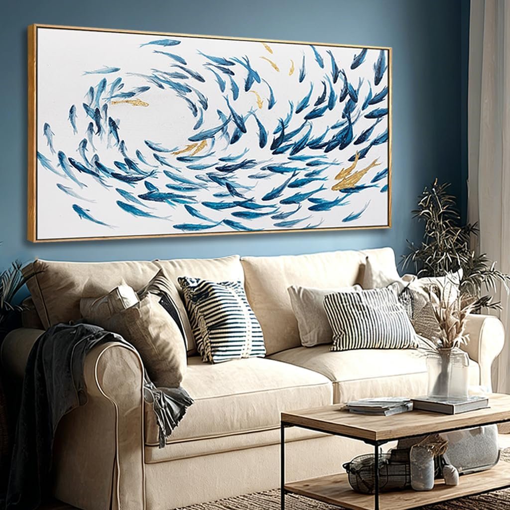 Kureful Fish Home Wall Decor White And Blue Wall Art Ocean Fishes Canvas Pictures 24″x48″ Artwork for Bedroom Kitchen Poster