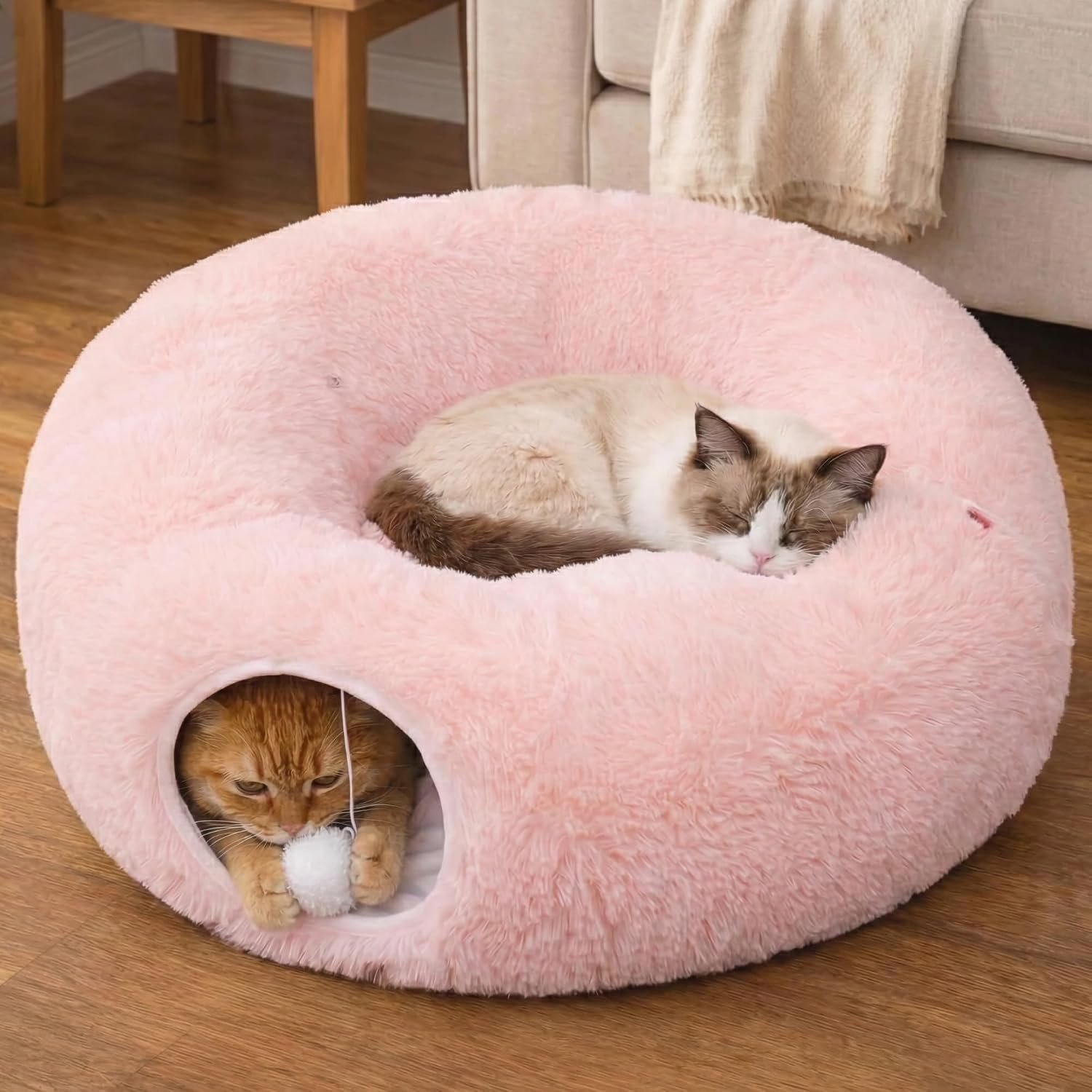 Indoor Cat Tunnel with Donut Bed – Large Flexible Play Space for Multiple Pets – Circle or Snake Shape, Cozy Lounge (Pink)
