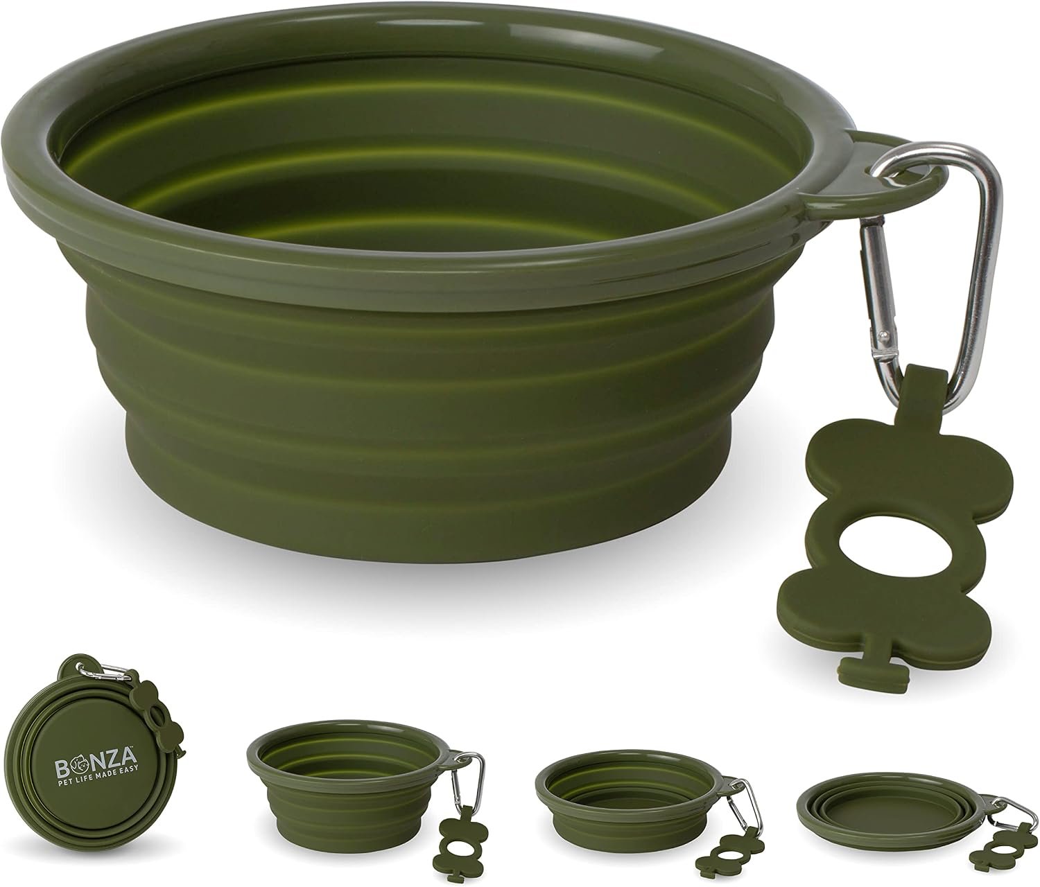 Bonza Collapsible Dog Bowls – Large 33 oz, Dog Travel Accessories, Silicone Portable Dogs Bowl & Water Dish with Reinforced Rim & Carabiner for Hiking, Camping, and Car Trips, Moss Green