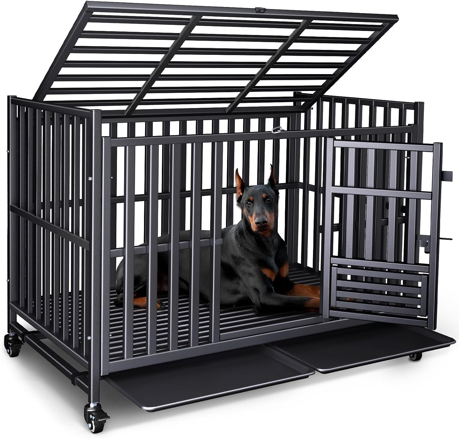 Heavy Duty Dog Crate, 49” Large Indestructible Cage for High-Anxiety Dogs | Escape-Proof 3-Door Kennel for Large & Medium Breeds, 4 Lockable Wheels, 2 Removable Trays, Easy to Clean, Built to Last