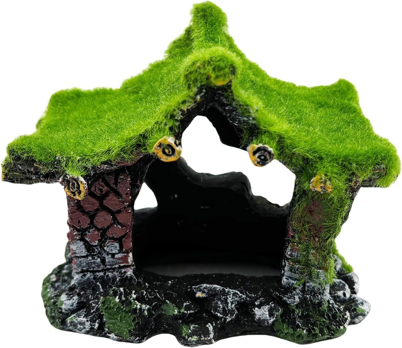 Aquarium Decoration House Resin Hideout Small Betta Fish Shrimp Tank Hide | with moss,Hollow,Small fish tank decoation,Aquarium ornament,Betta fish accessories,Small fish tank cave