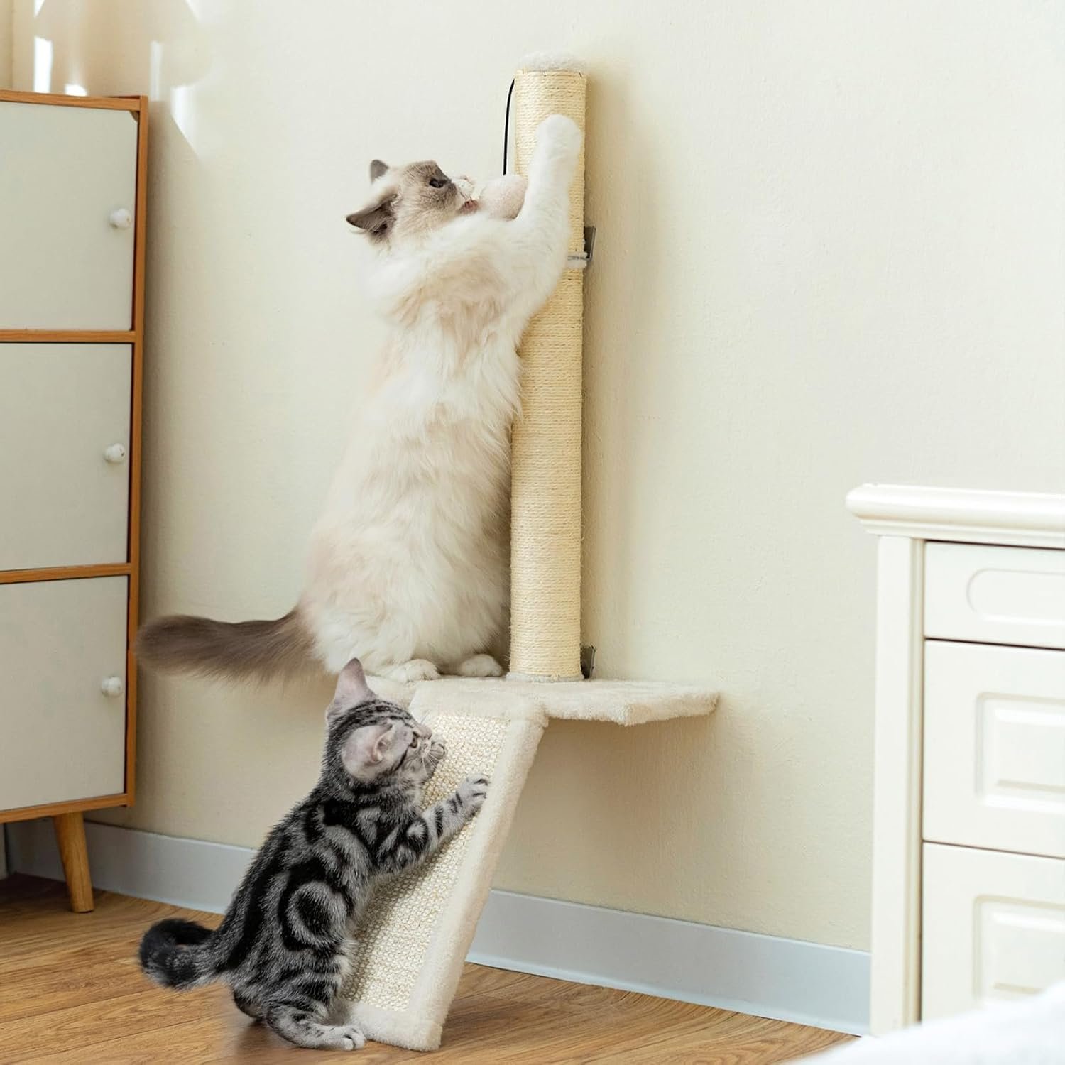 Wall Mounted Cat Shelf with Sisal Scratcher, Cat Wall Step for Climbing & Jumping, Space Saving Cat Wall Furniture for Indoor Cats, Modern Cat Climbing Platform, Beige