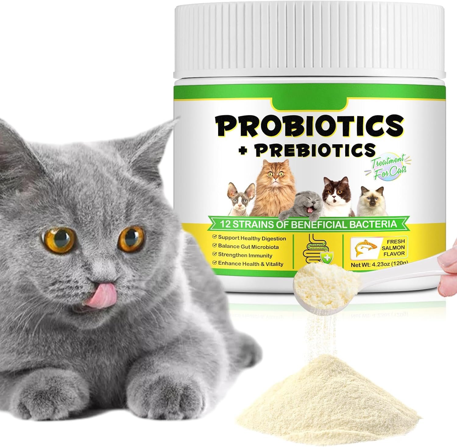 Cat Probiotic Powder with Prebiotics – 5 Billion CFU & 12 Strains to Treat Diarrhea, Vomiting, Digestive Support & Immunity Health