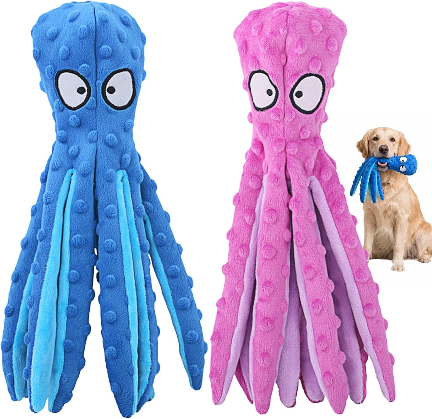HGB Squeaky Dog Toys – 2 Pack No Stuffing Octopus Crinkle Plush Chew Toys for Puppies Small Medium Large Dogs, Interactive Tug Toys to Keep Dogs Busy