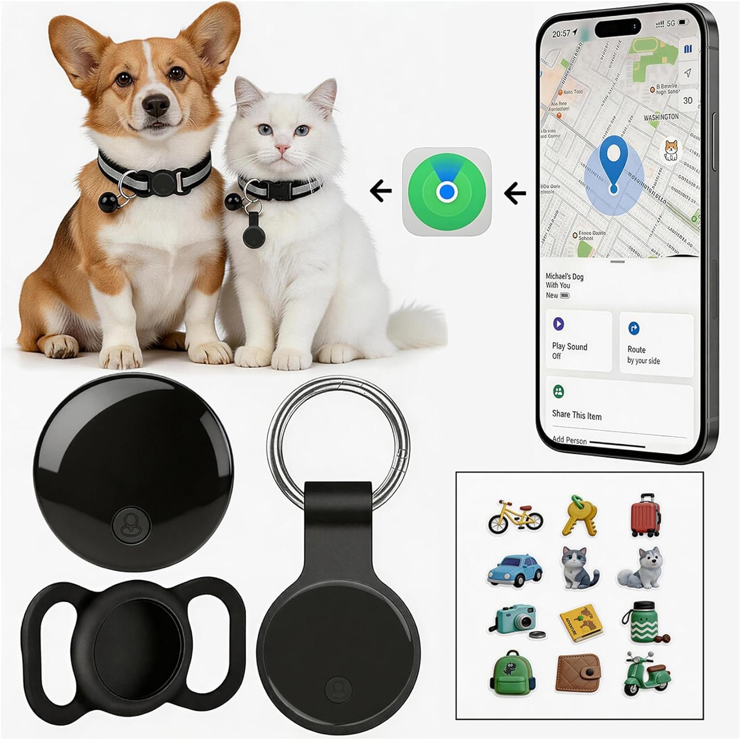 GPS Tracker for Dogs & Cats, No Monthly Fee, No SIM Card, Real-Time Positioning & Smart Anti-Lost Alerts,Mini Waterproof Drop-Proof Pet Tracker,Long Battery Life,for iOS Find My【Apple MFi Certified】 ﻿