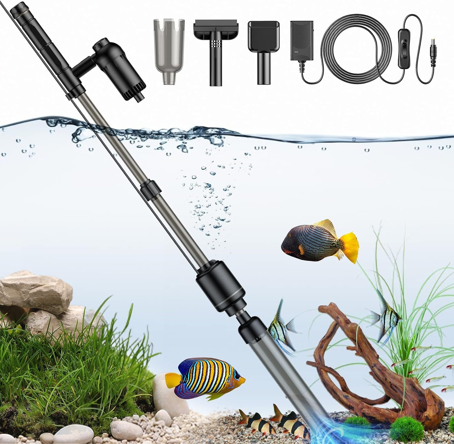 bedee Electric Aquarium Vacuum Gravel Cleaner, 6 in 1 Automatic Fish Tank Cleaning Tool Set Vacuum Water Changer Sand Washer Filter Siphon Adjustable Length, 18W
