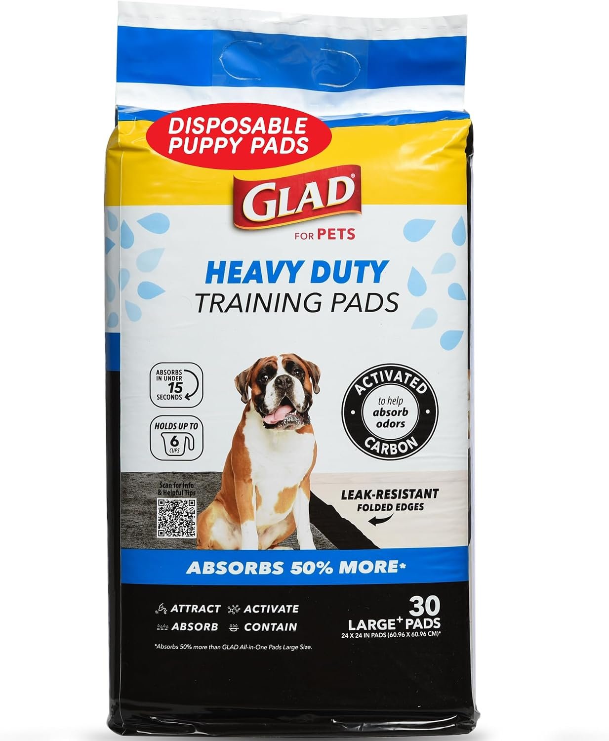 Glad for Pets XL Charcoal Training Pads, Heavy Duty, 24×24 in, 30 Count | Quick-dry quilted top and leak-resistant layers for indoor potty use and crate liners, 24 x 24 in